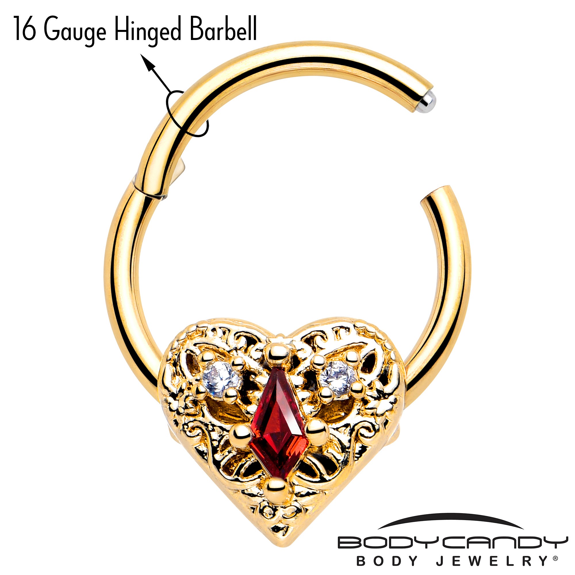 Red CZ Gem Heart Queen 16 Gauge Hinged Segment Ring
