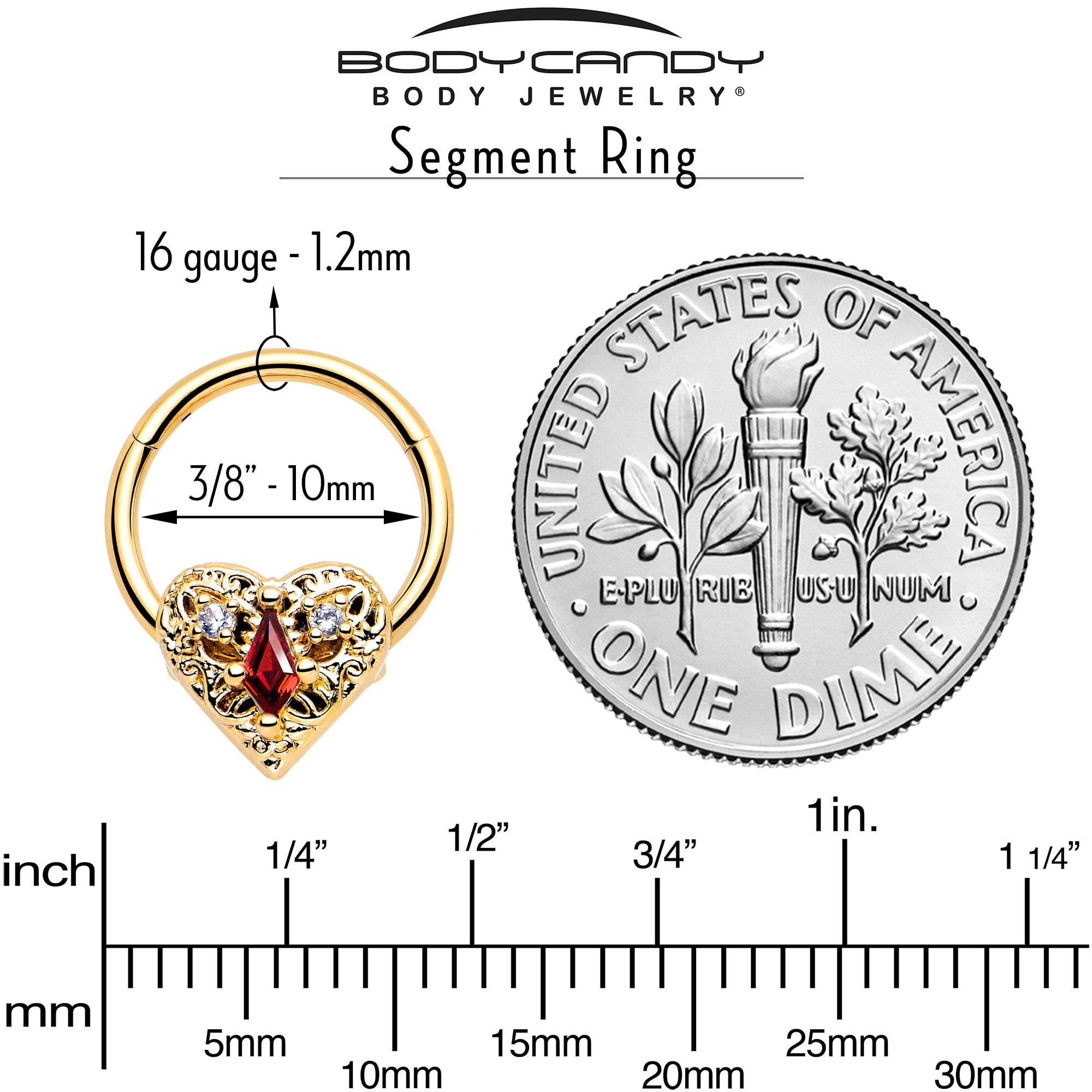 Gold Tone Heart Hinged Segment Ring with Red CZ Gem 16 Gauge