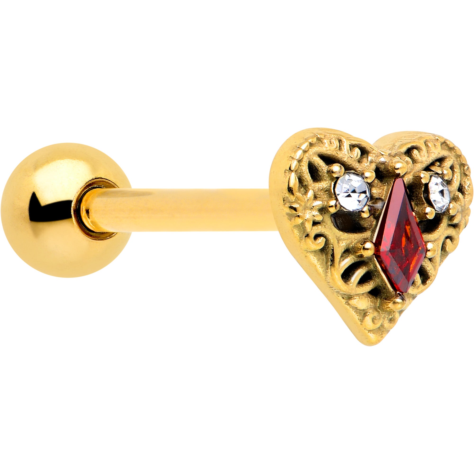 Red CZ Gem Heart Queen Barbell Tongue Ring