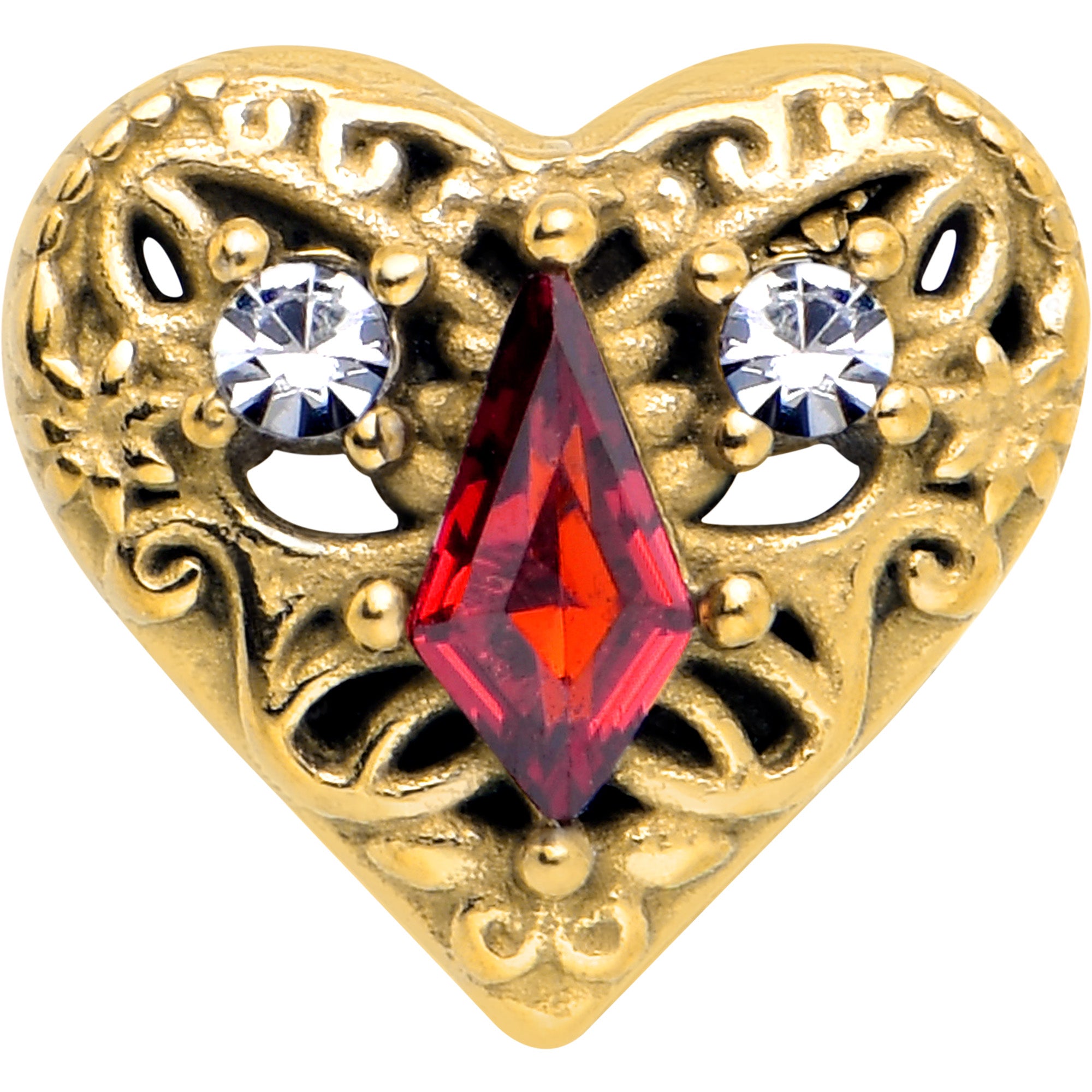 Red CZ Gem Barbell Tongue Ring Gold Tone Heart