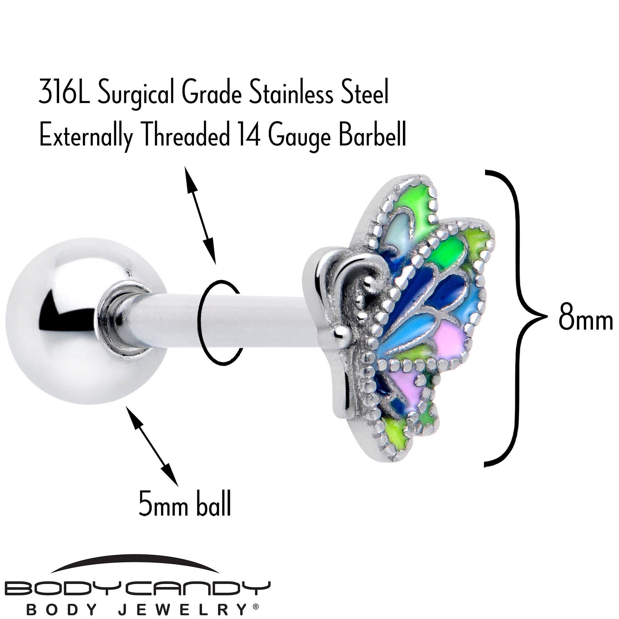 pastel barbell tongue ring with butterfly design