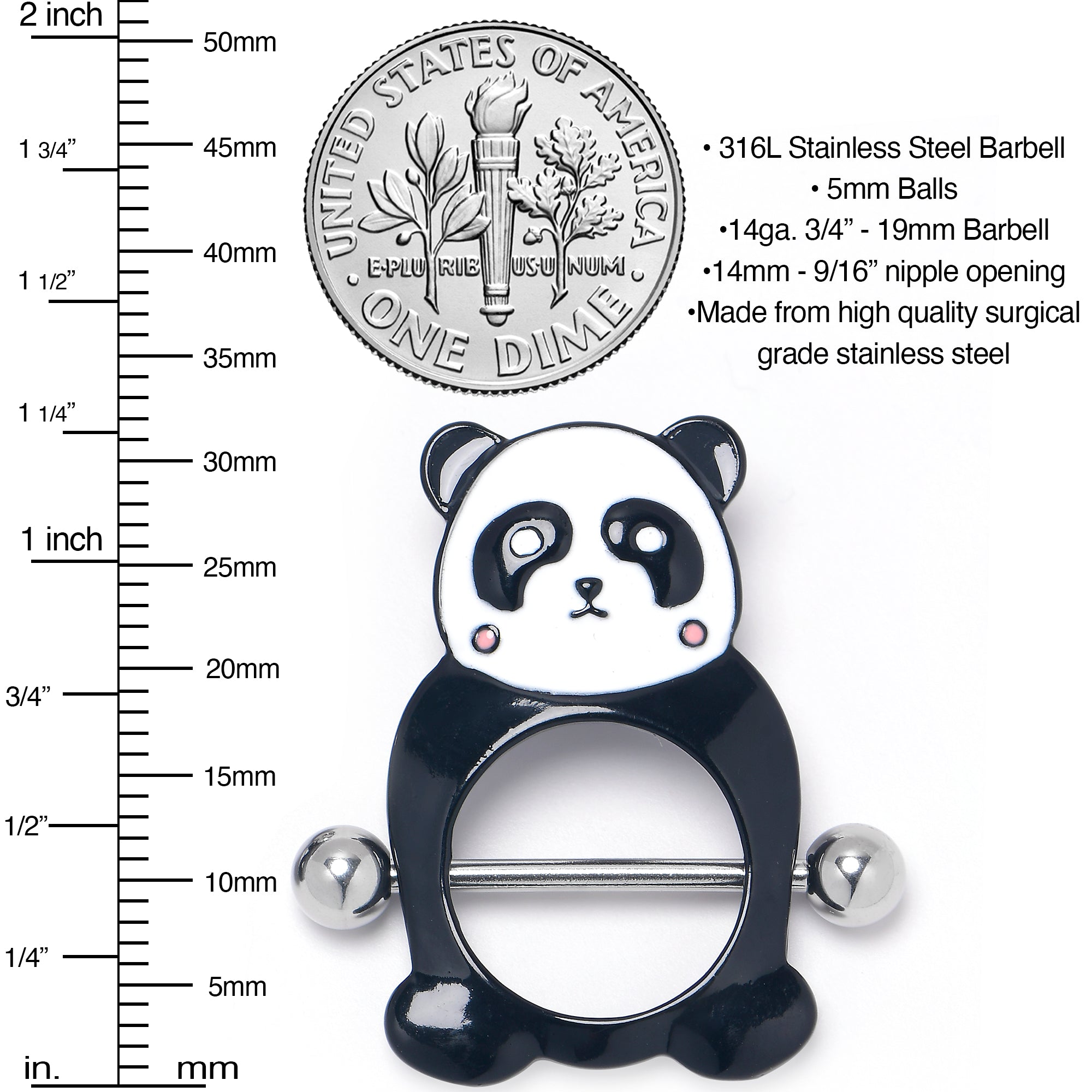 14 Gauge 9/16 Panda Bear Black White Nipple Shield Set