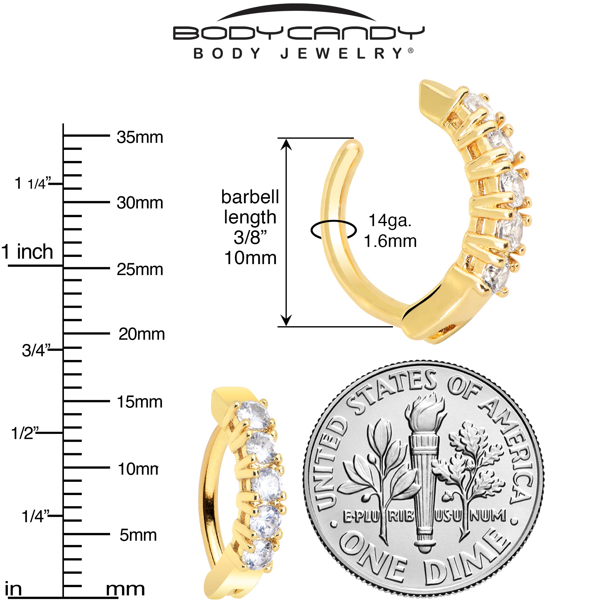 gold tone belly ring featuring clear cubic zirconia