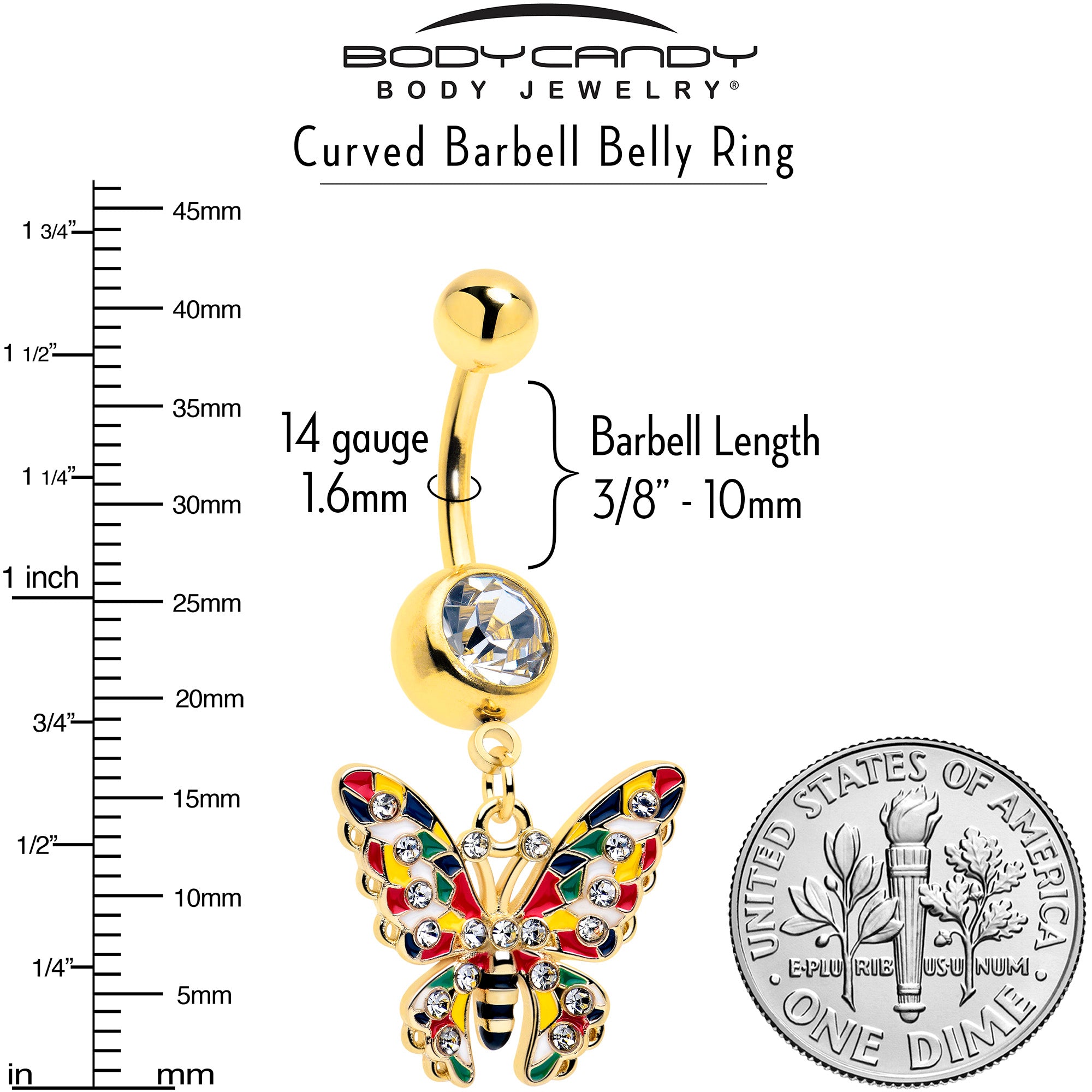 Dangle butterfly belly button ring clear gem