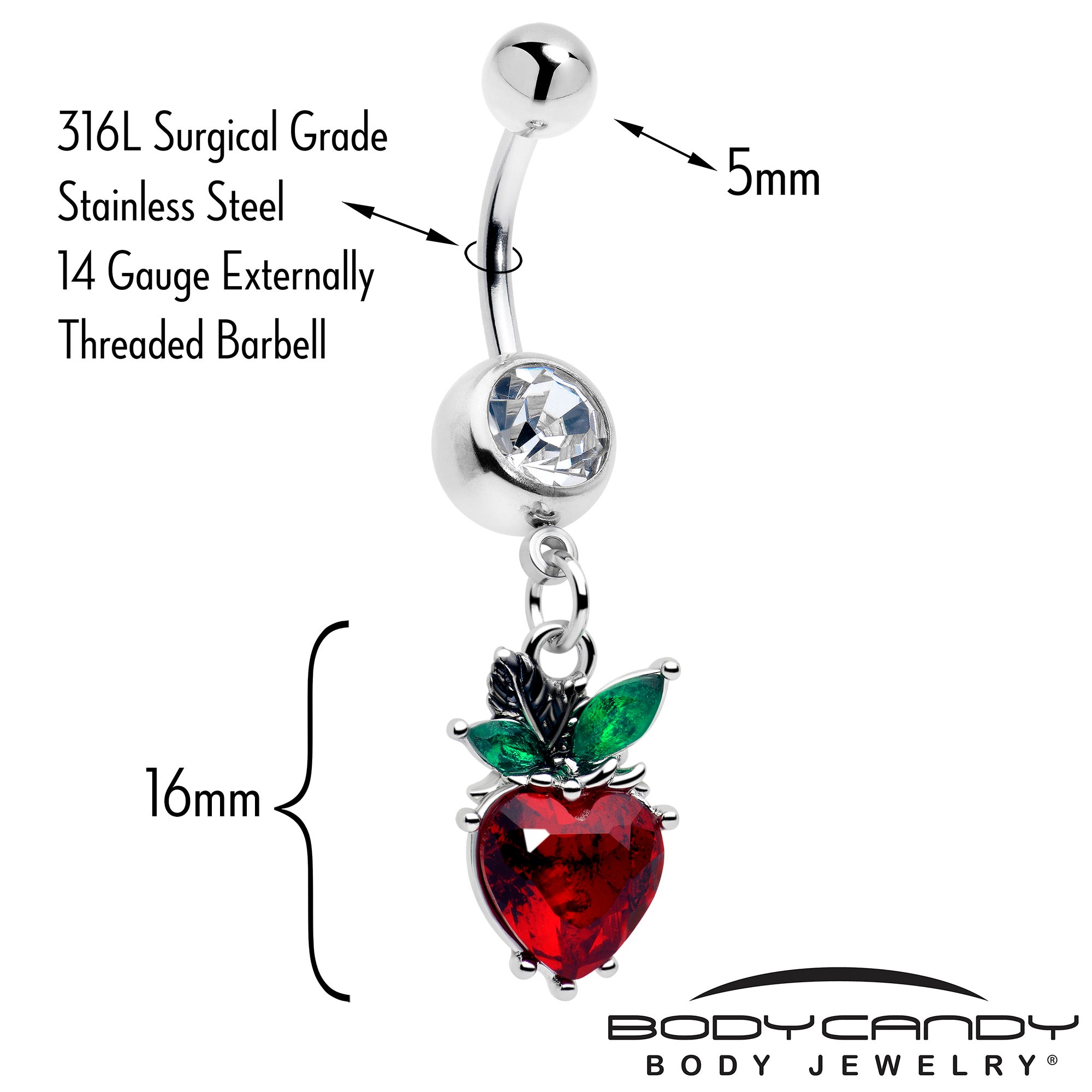 Dangle Belly Ring with Strawberry Heart Gem