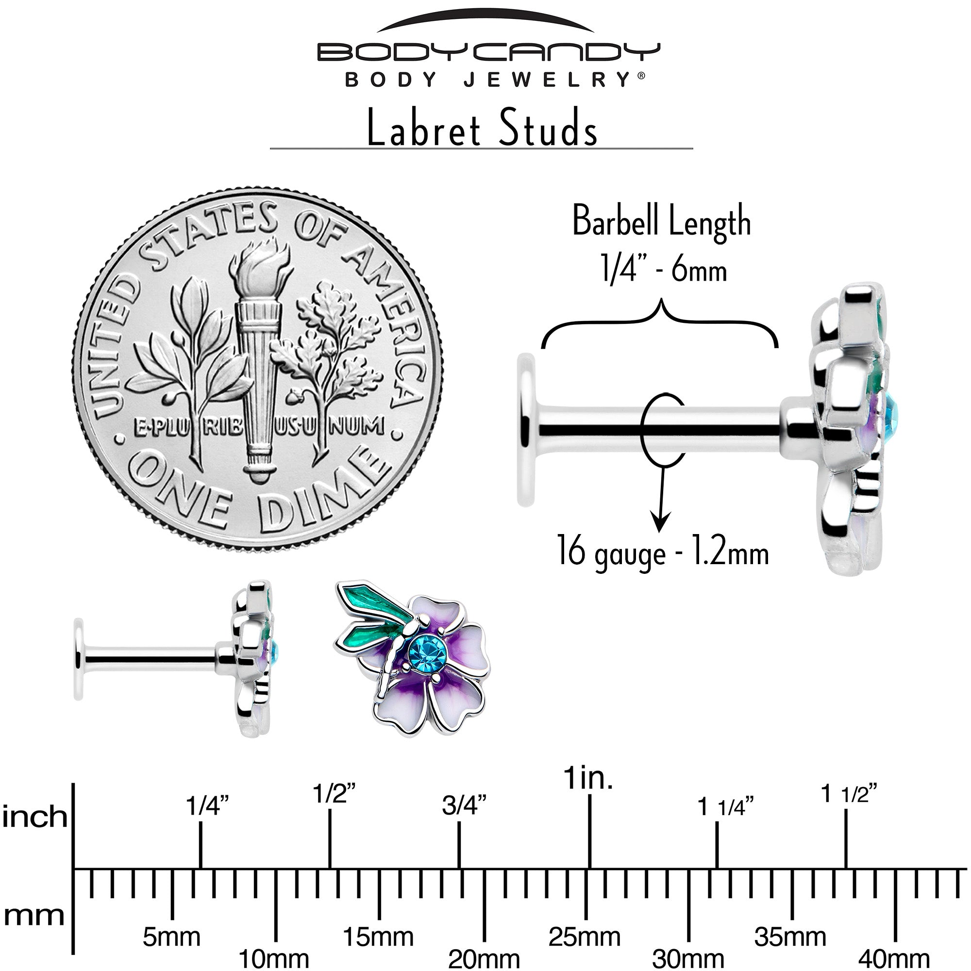 purple labret stud with faerie flower design