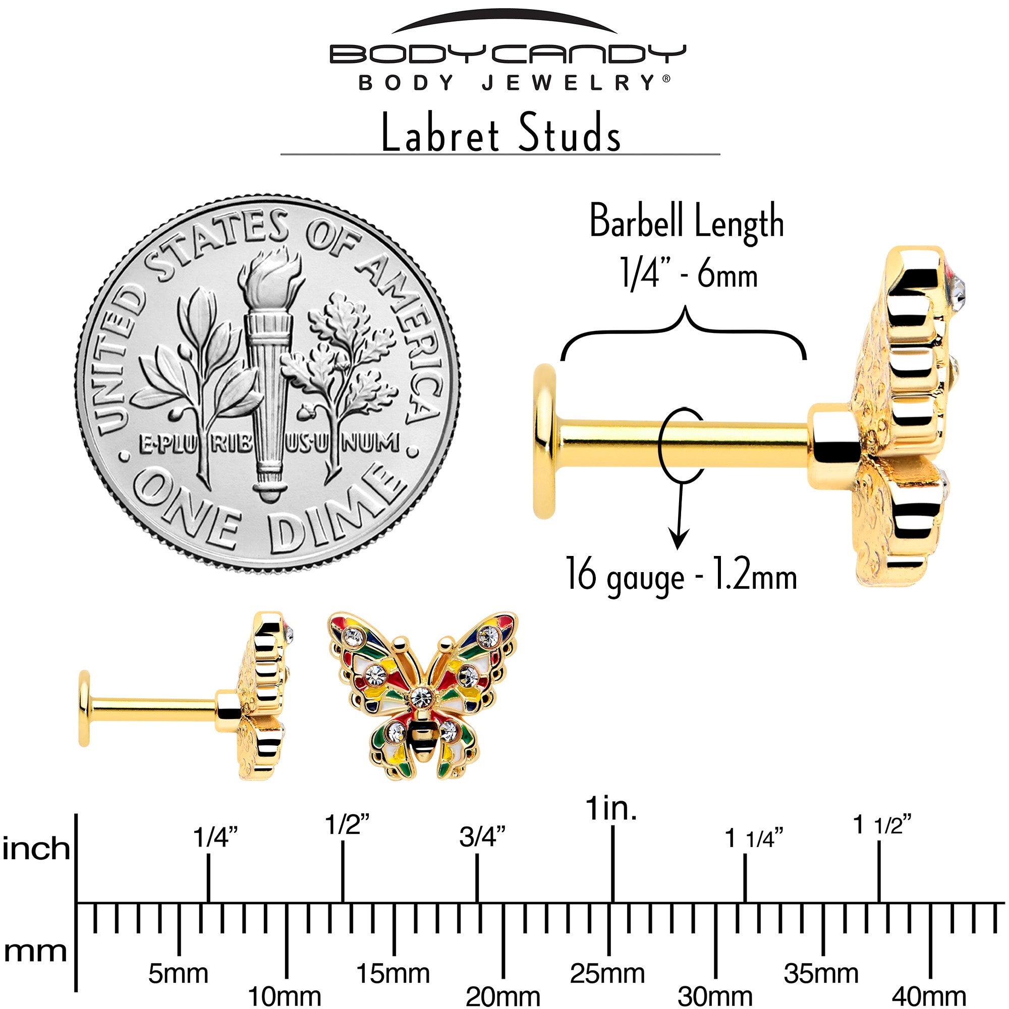 gold tone labret with clear gem and butterfly charm