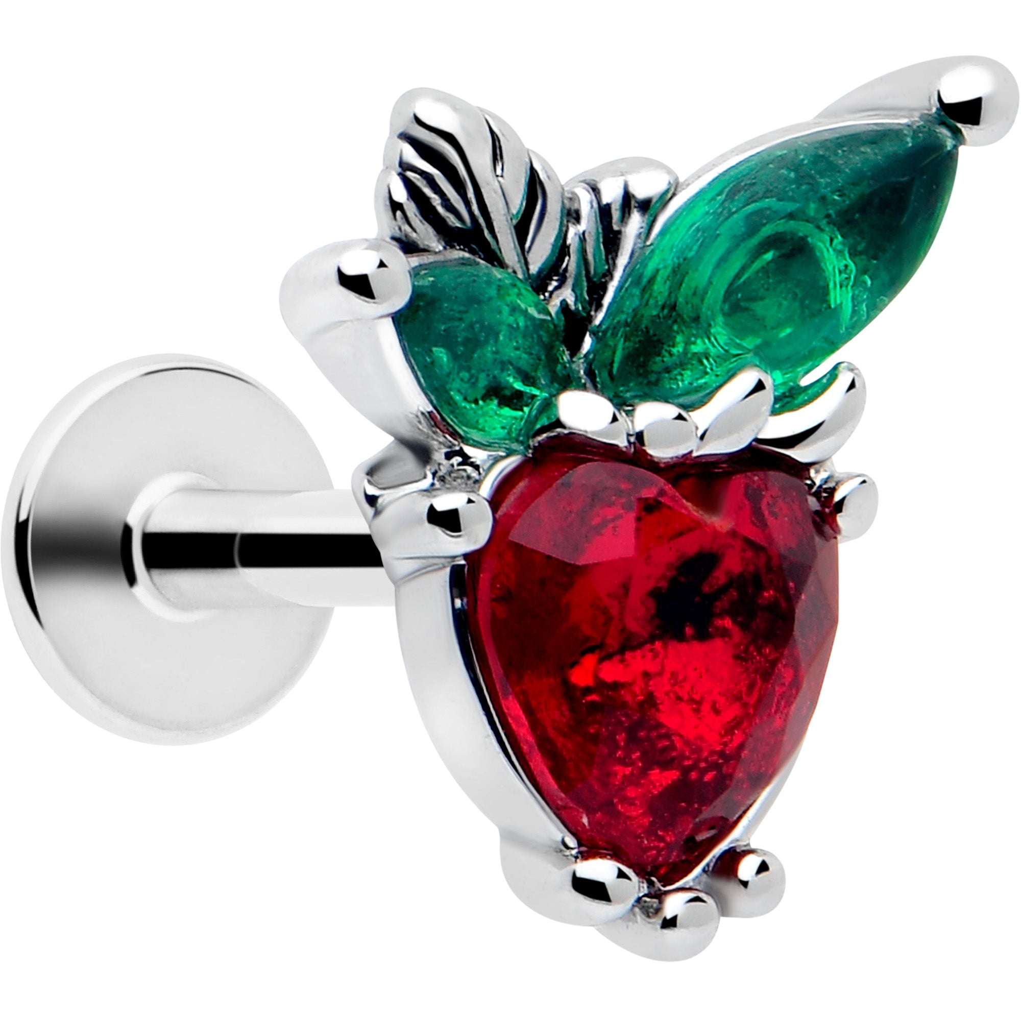 16 gauge strawberry heart labret red green gem