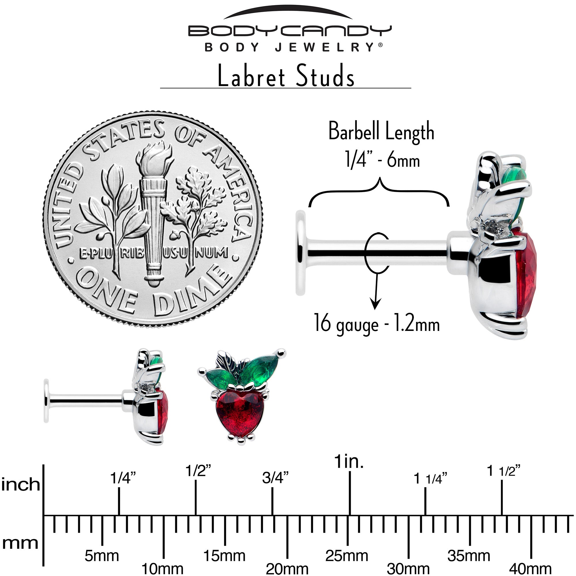 Red green gem labret for lip cartilage piercing