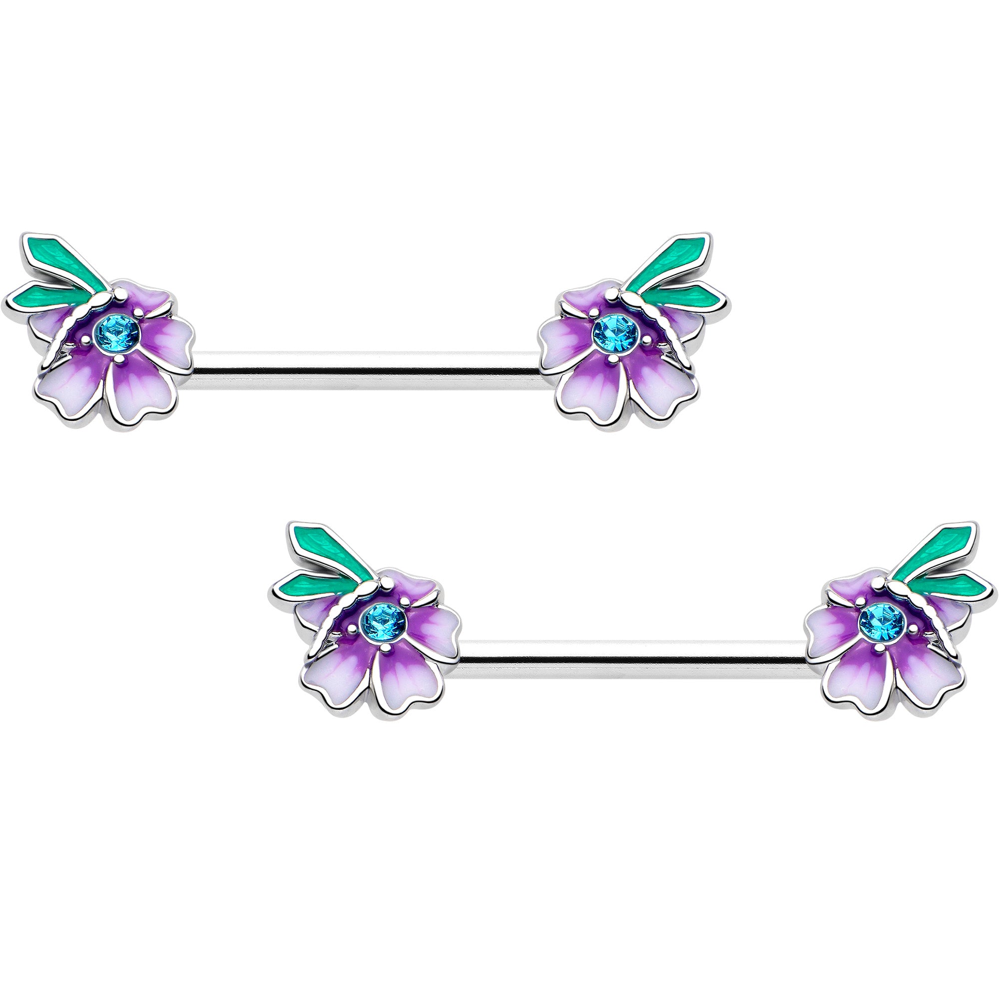 14 gauge blue gem faerie flower nipple ring set