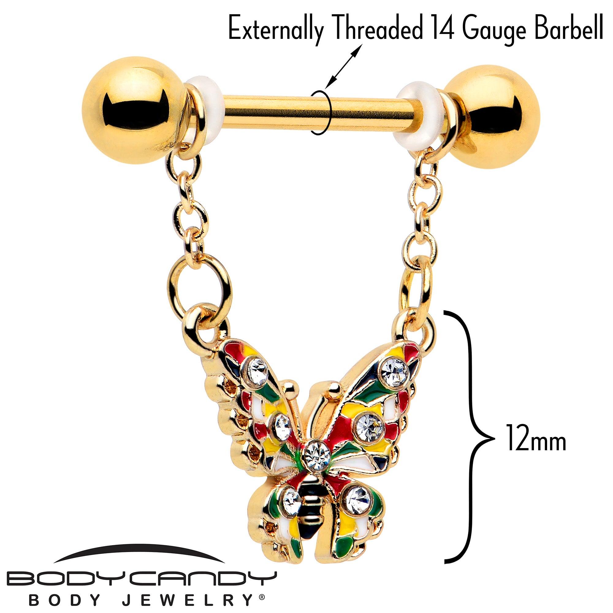 Gold tone dangle butterfly nipple piercing 14 gauge