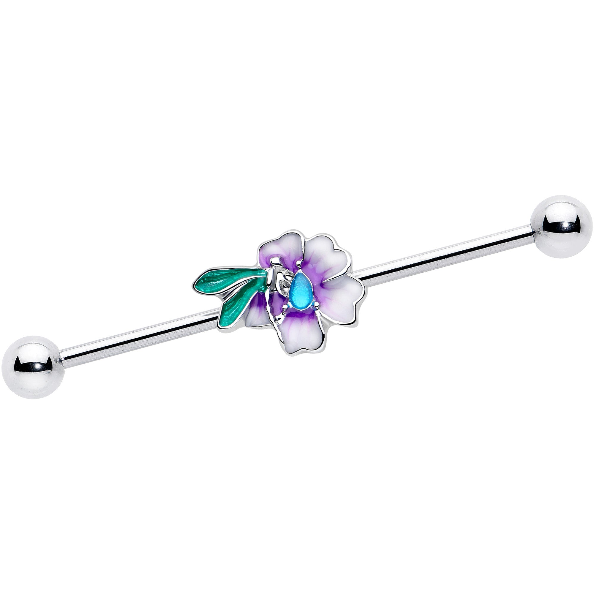 14 gauge blue gem faerie flower industrial barbell 38mm