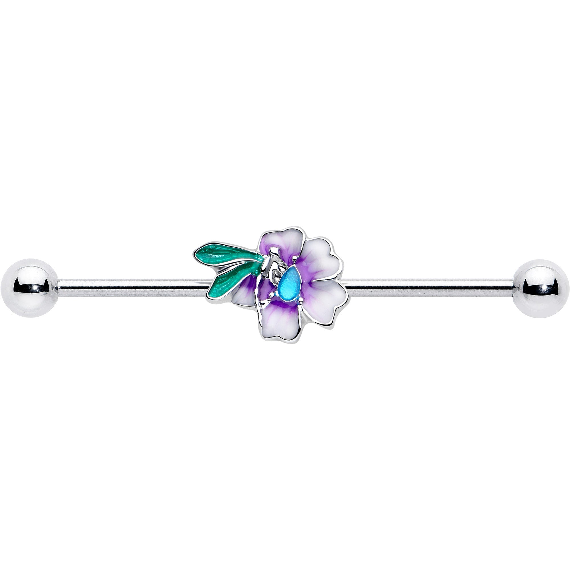 14g industrial barbell with blue and purple flower gem