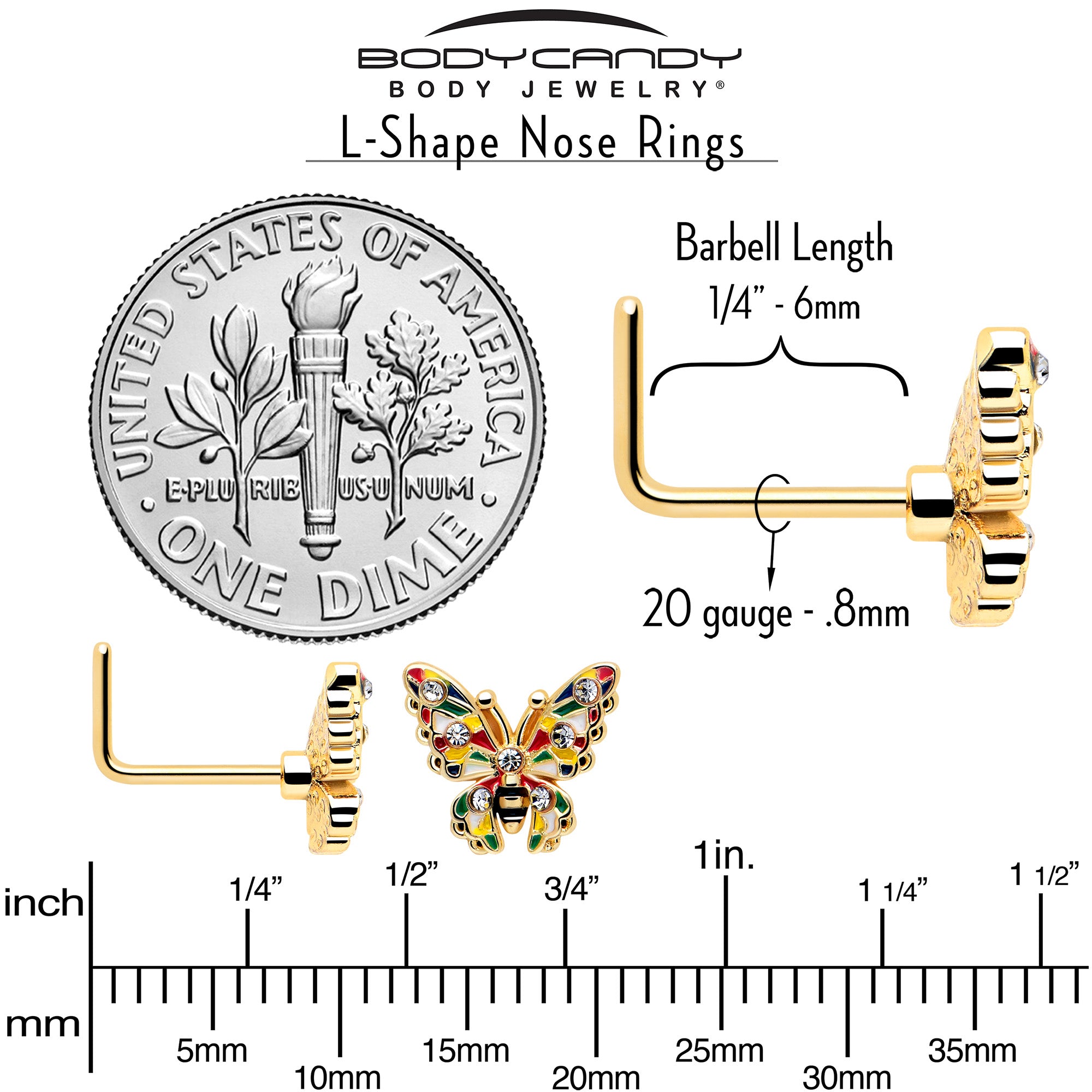 Gold tone 20g butterfly nose ring jewelry