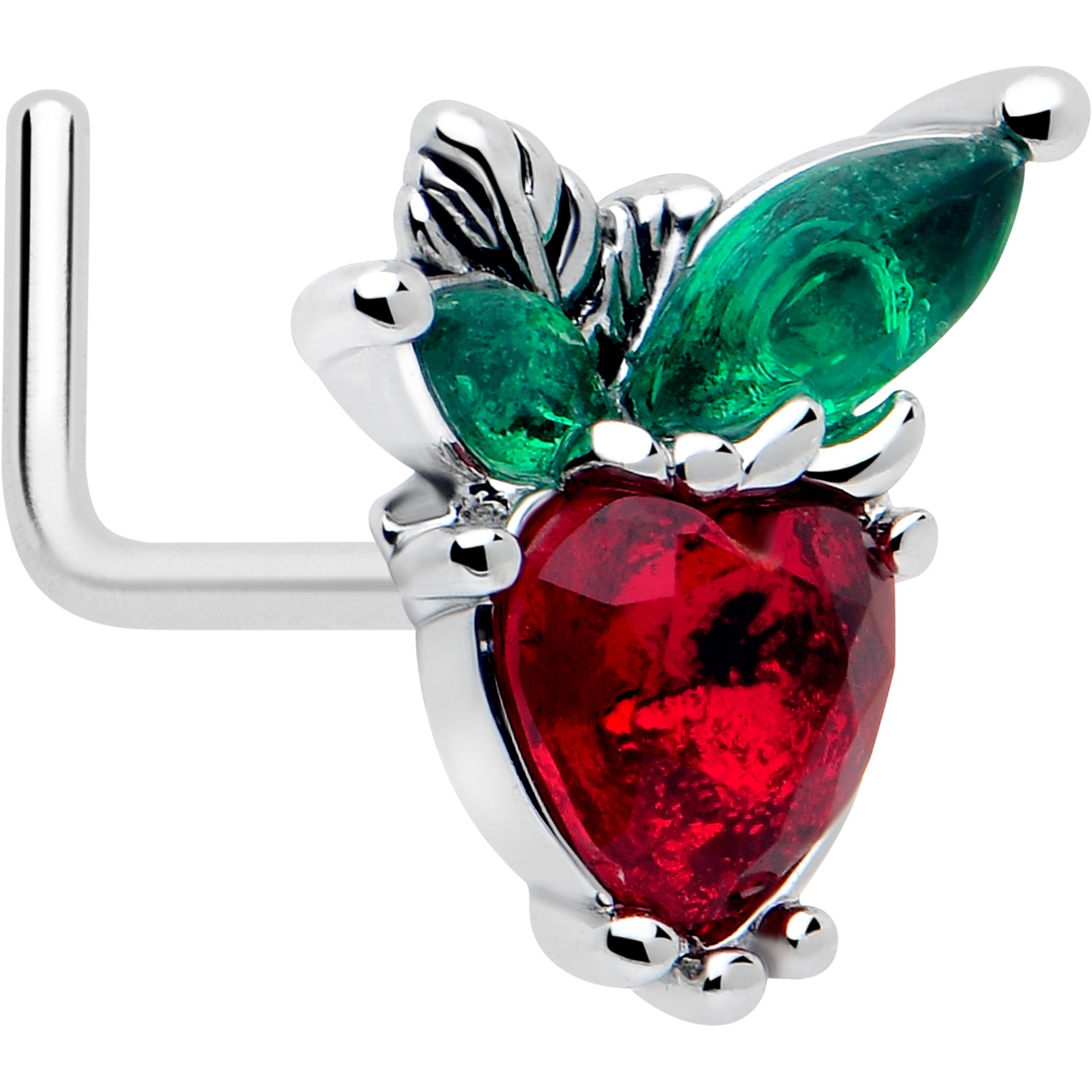 20 gauge red green gem strawberry heart nose ring
