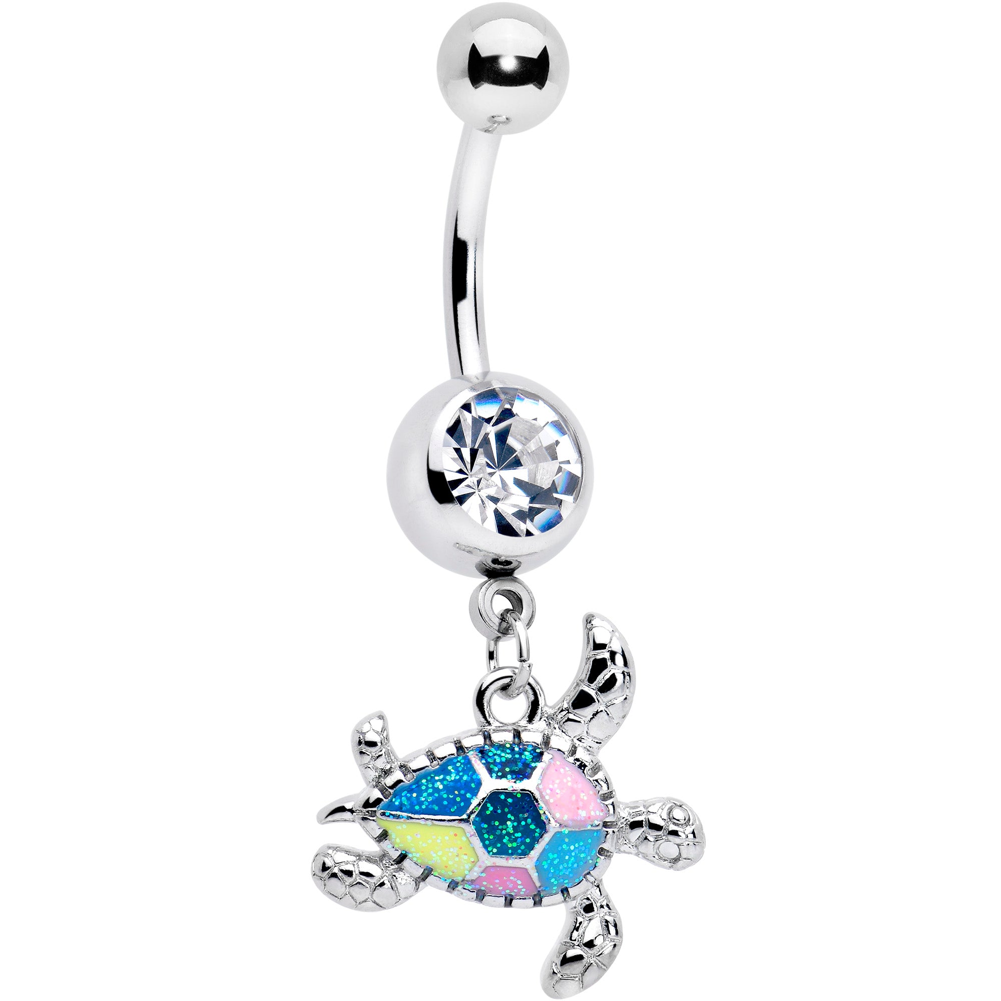Clear Gem Glitter Turtle Dangle Belly Ring with Sparkling Crystals