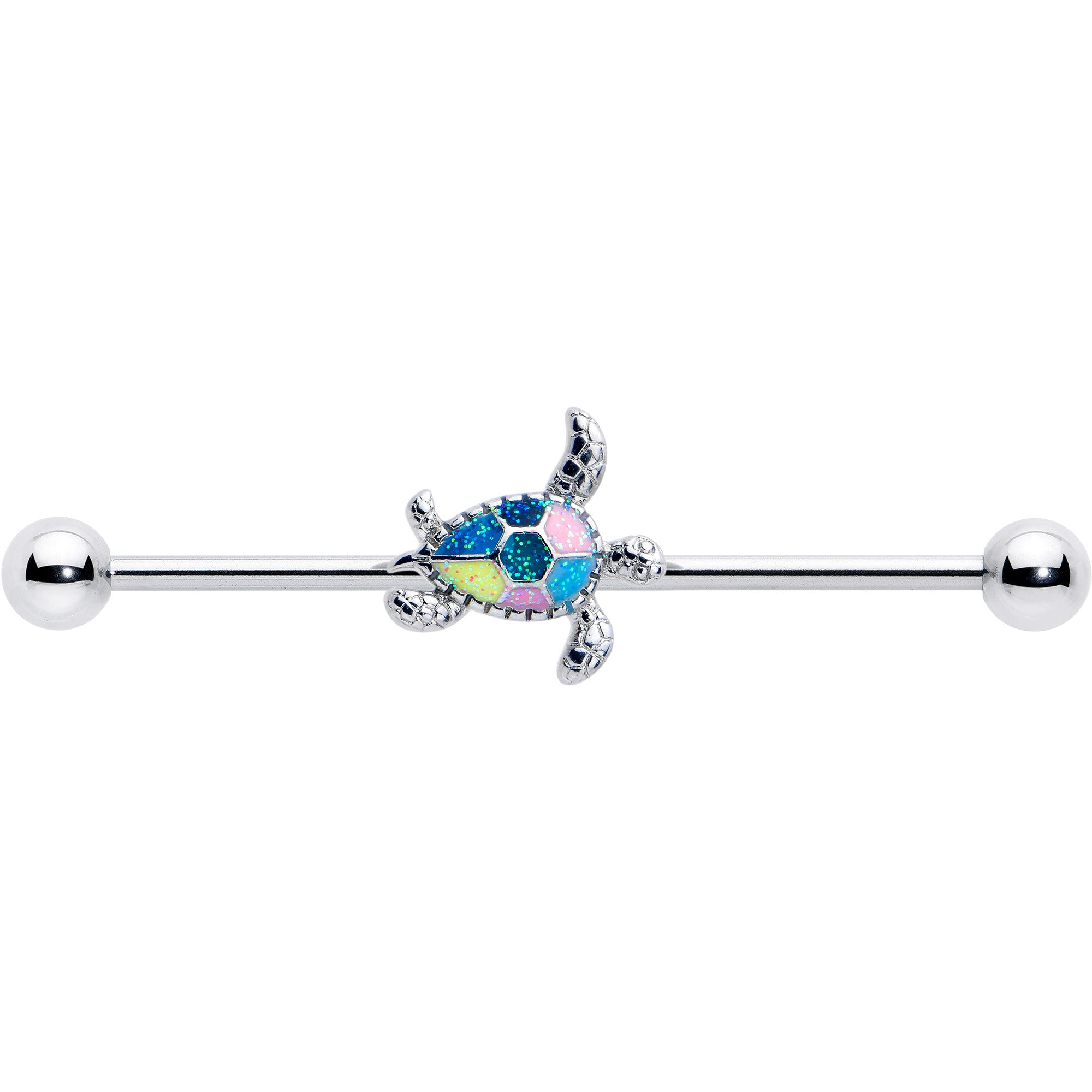 Colorful glitter turtle industrial barbell, 14 gauge