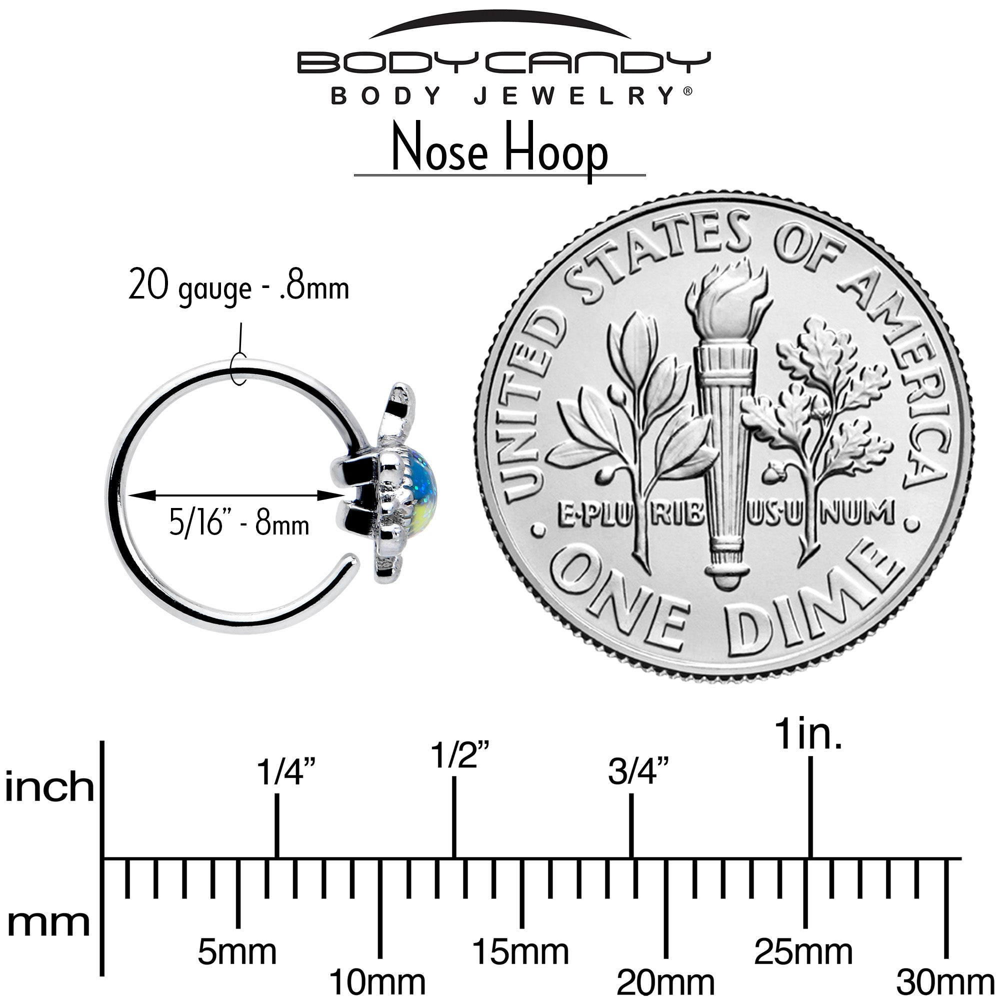 20 gauge nose hoop featuring glitter turtle motif, 5/16