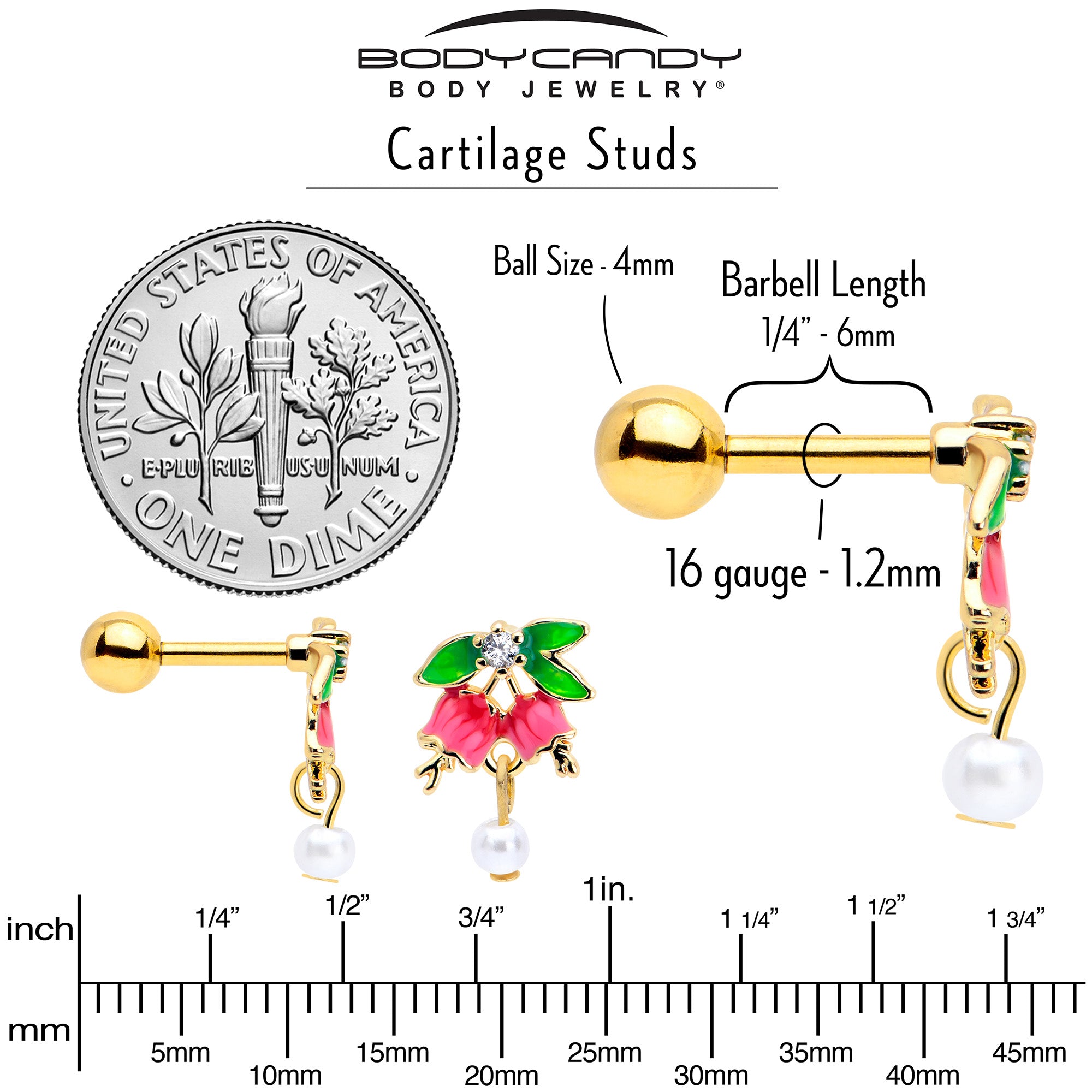 16 Gauge Gold Tone Cartilage Earring with Clear CZ Bell Flower