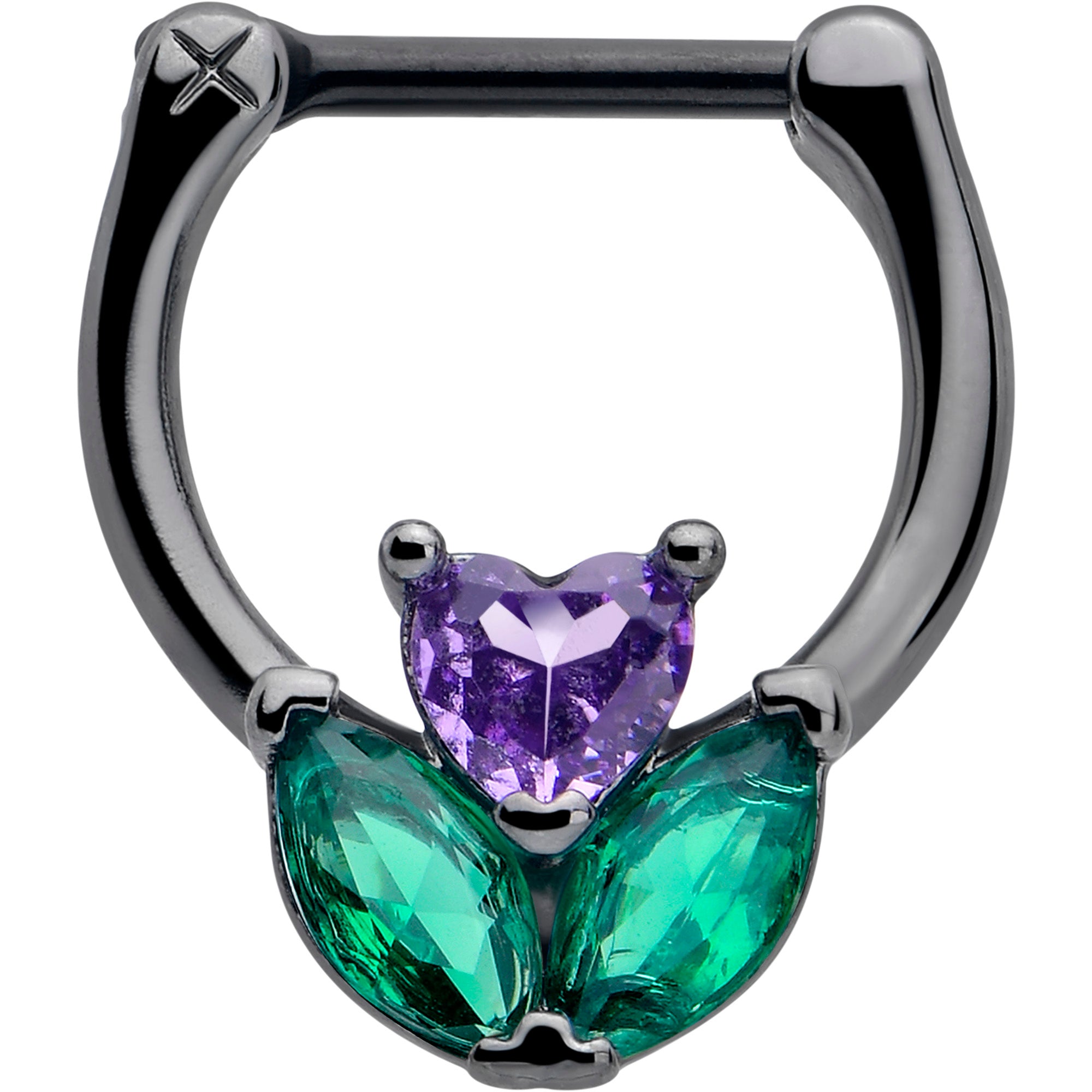 16 gauge cartilage clicker featuring purple and green CZ gem flower design