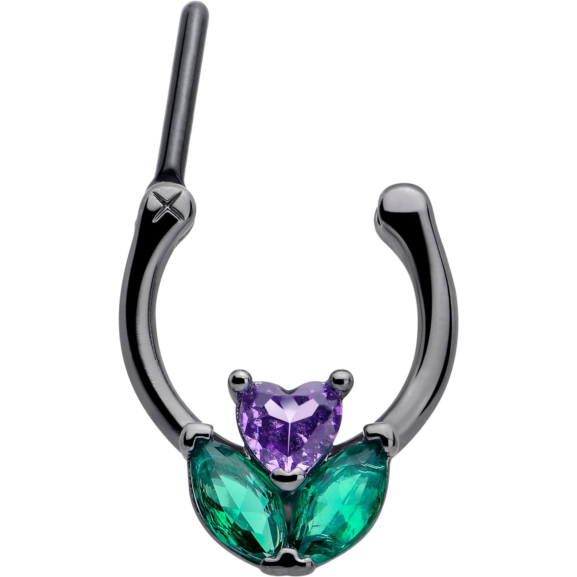 Black love flower cartilage clicker with 5/16 inch purple and green gemstone