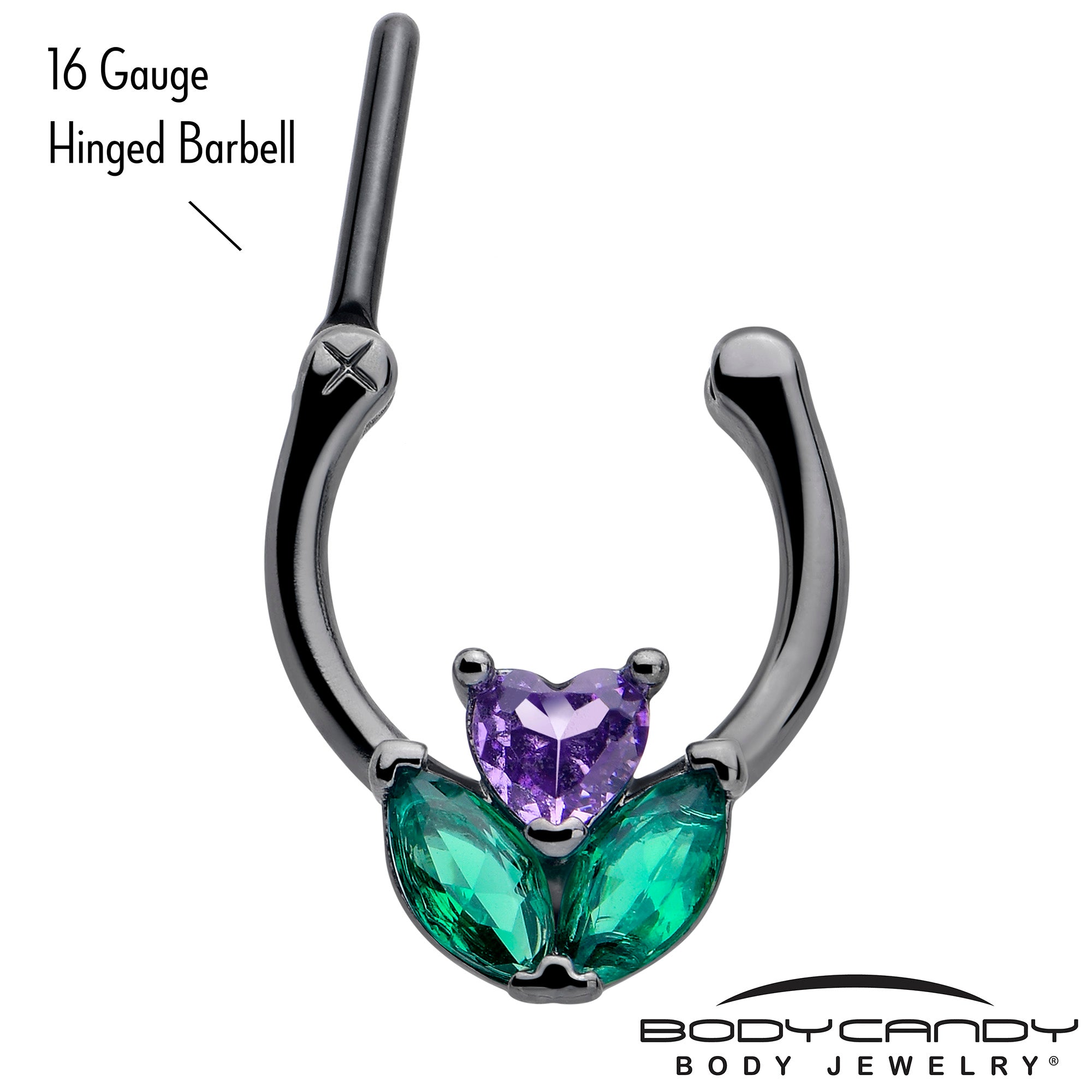 Stylish cartilage earring in 16 gauge with purple green CZ flower detail