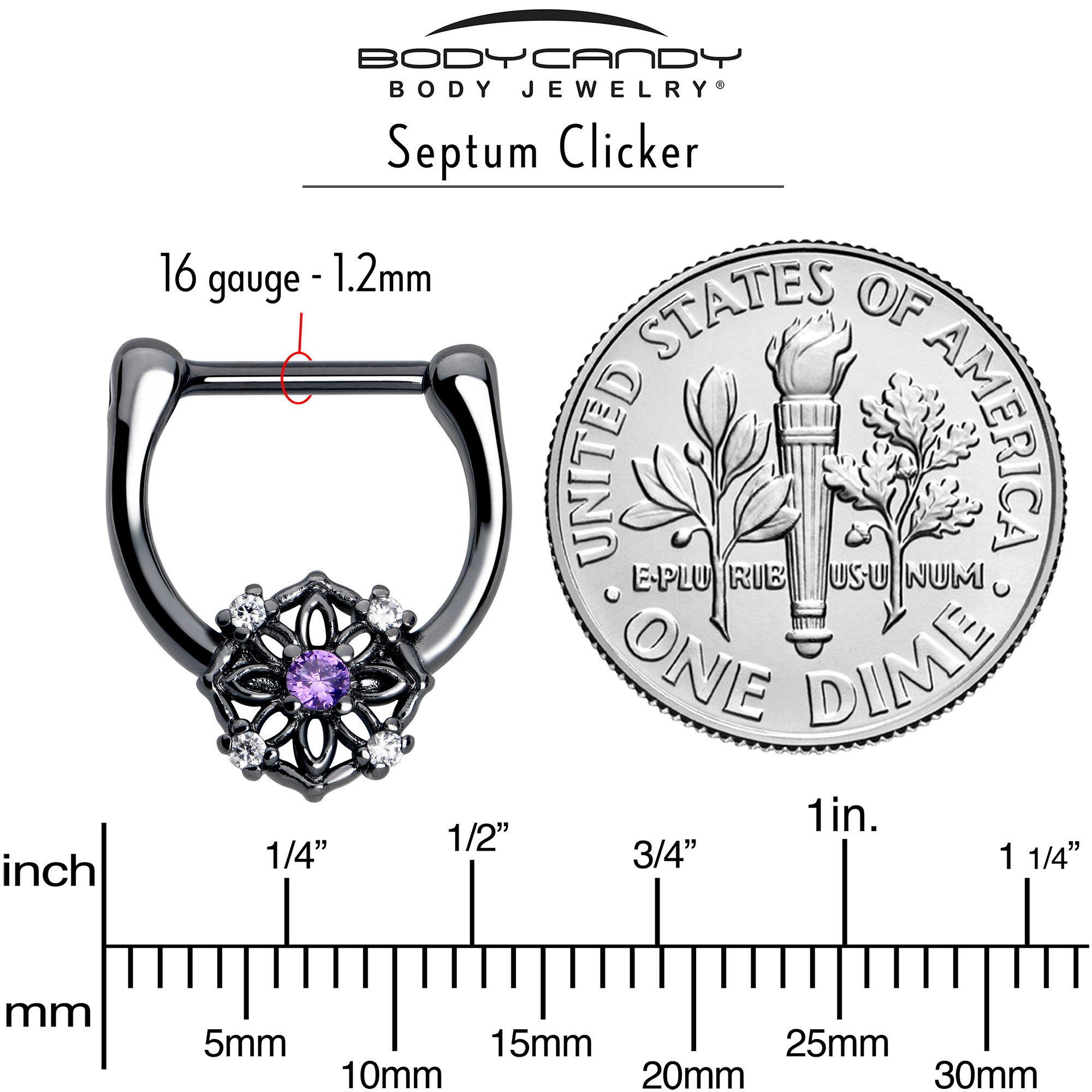Purple Clear CZ Gem Black Flower Cartilage Clicker Ring