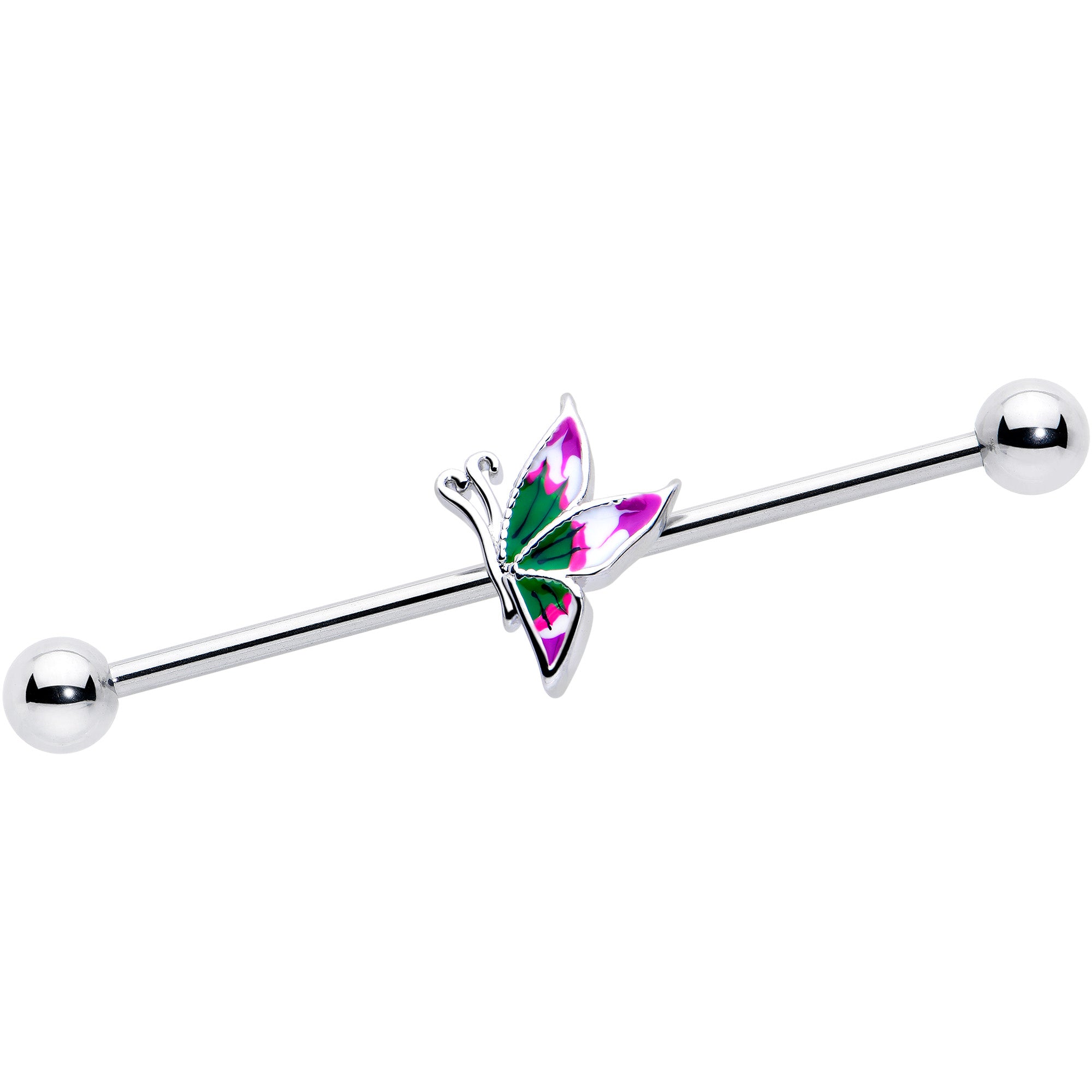 14 gauge industrial barbell with butterfly design, 38mm length