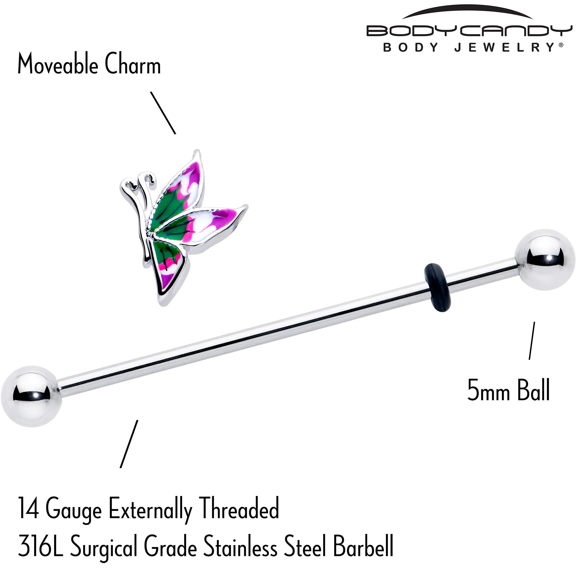 38mm 14 gauge industrial barbell featuring butterfly profile