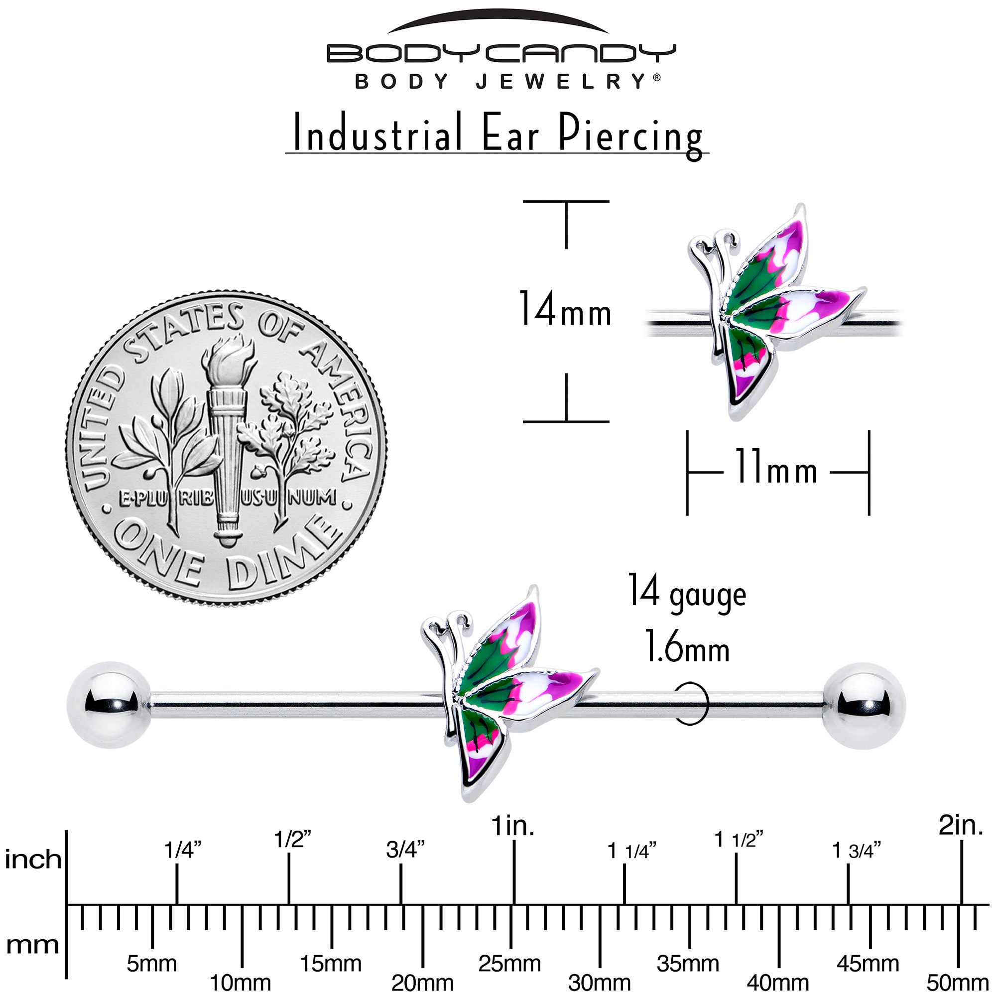 Trendy 14 gauge industrial barbell with butterfly motif, 38mm