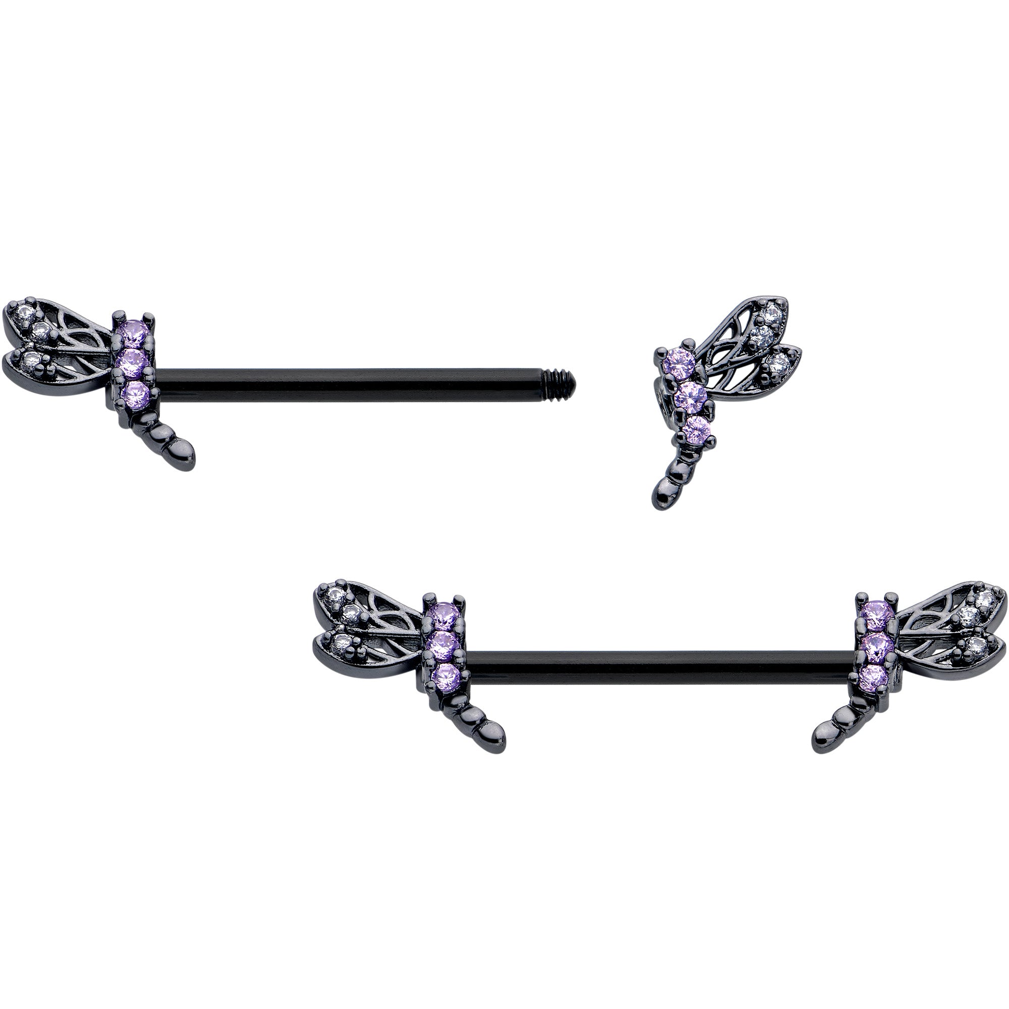 Black night dragonfly barbell nipple rings with 9/16 purple stones