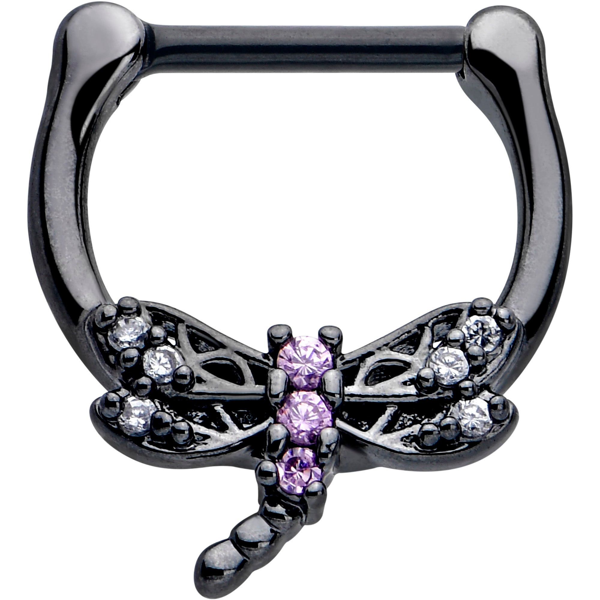 16 gauge cartilage clicker featuring a black night dragonfly design with purple CZ gem