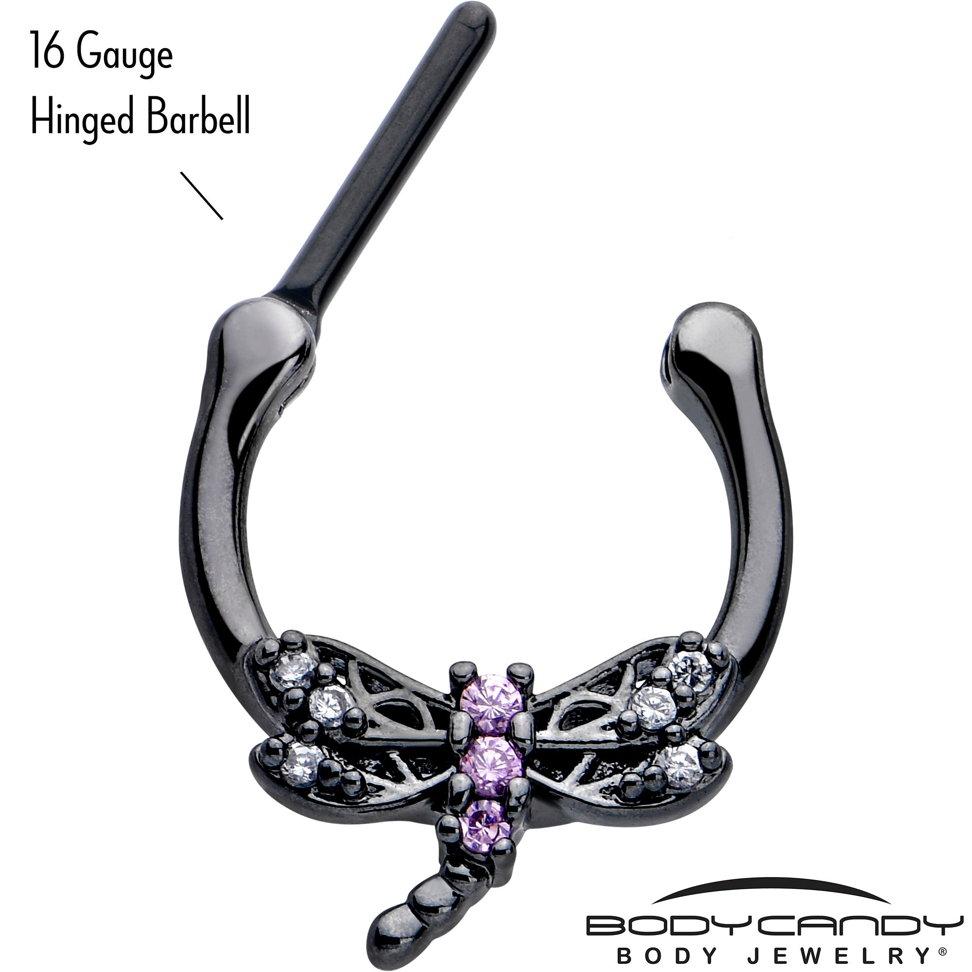 Stylish 16 gauge cartilage clicker with a dragonfly design and purple cubic zirconia