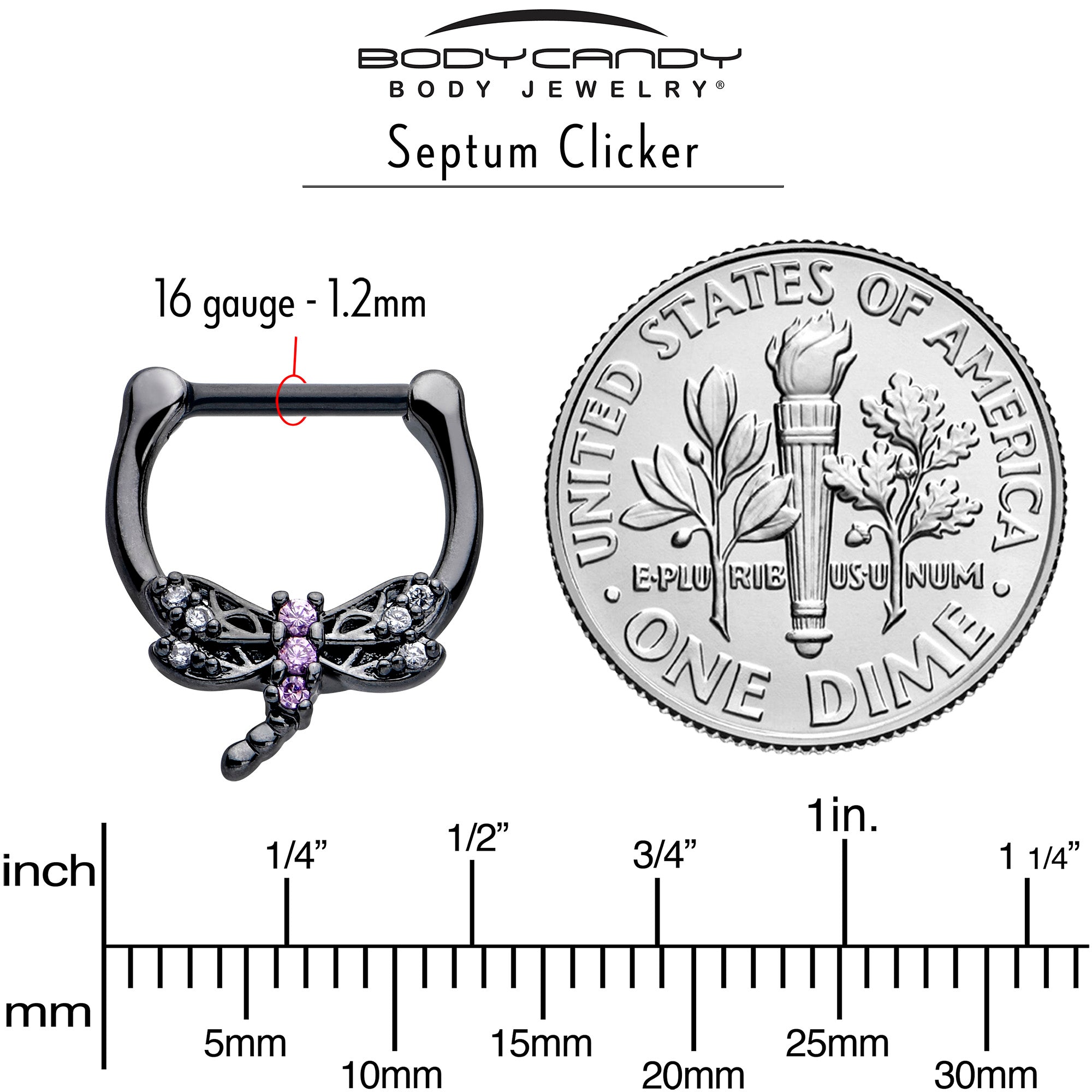 Black night dragonfly cartilage clicker adorned with a purple CZ gem, 5/16 inch
