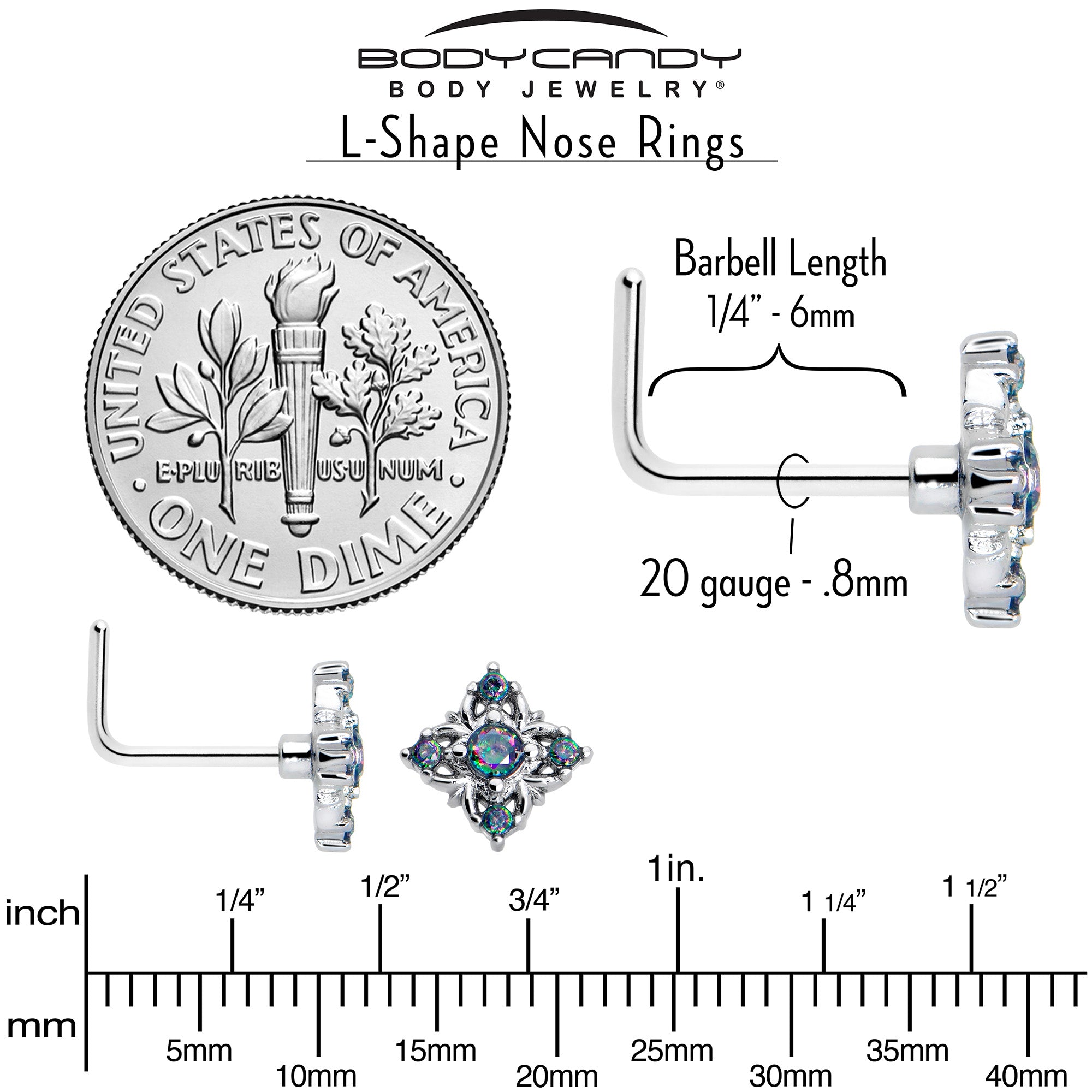 7mm Vitrail CZ Cross Nose Ring 20 Gauge L Shape