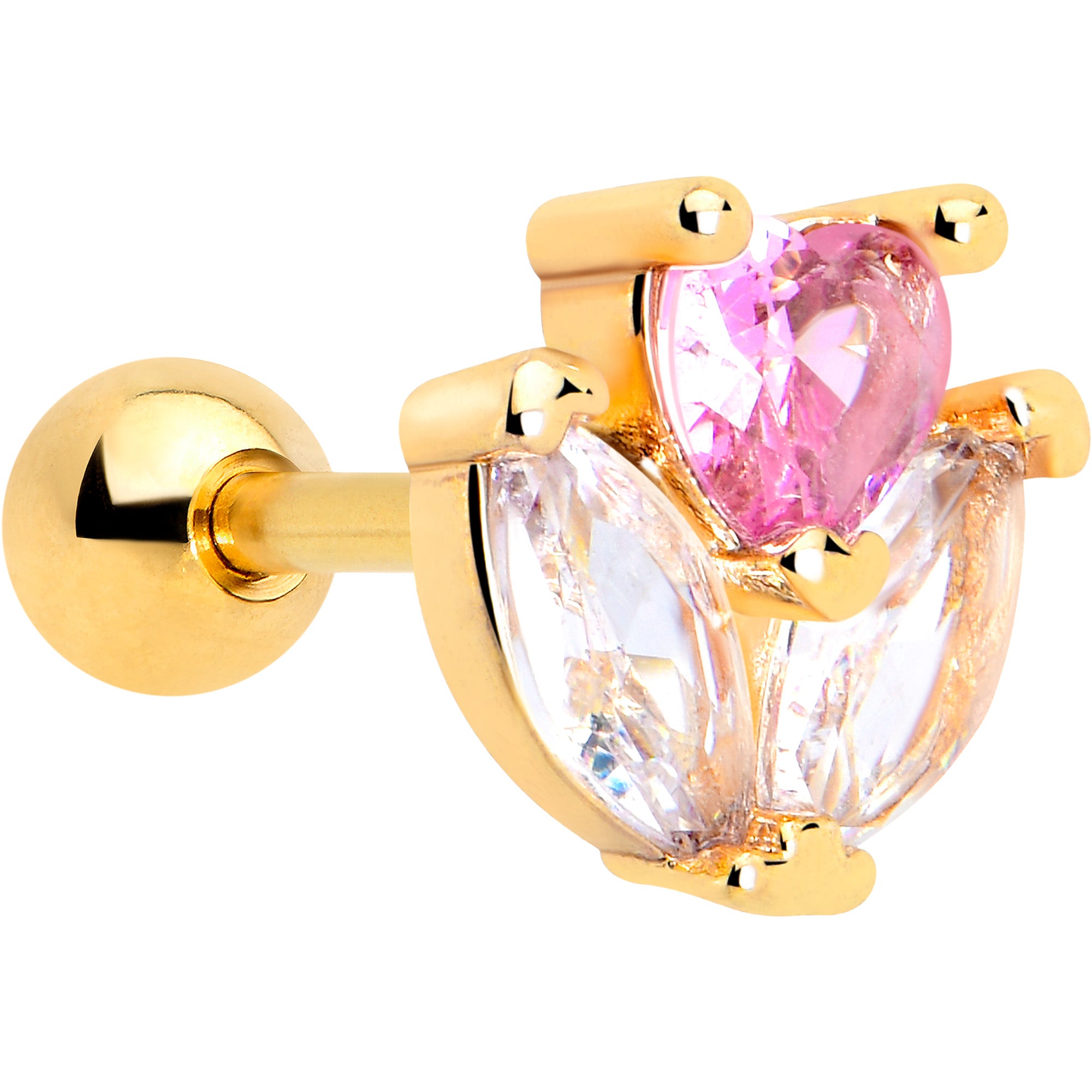 16 Gauge Pink CZ Gem Gold Tone Love Flower Cartilage Earring