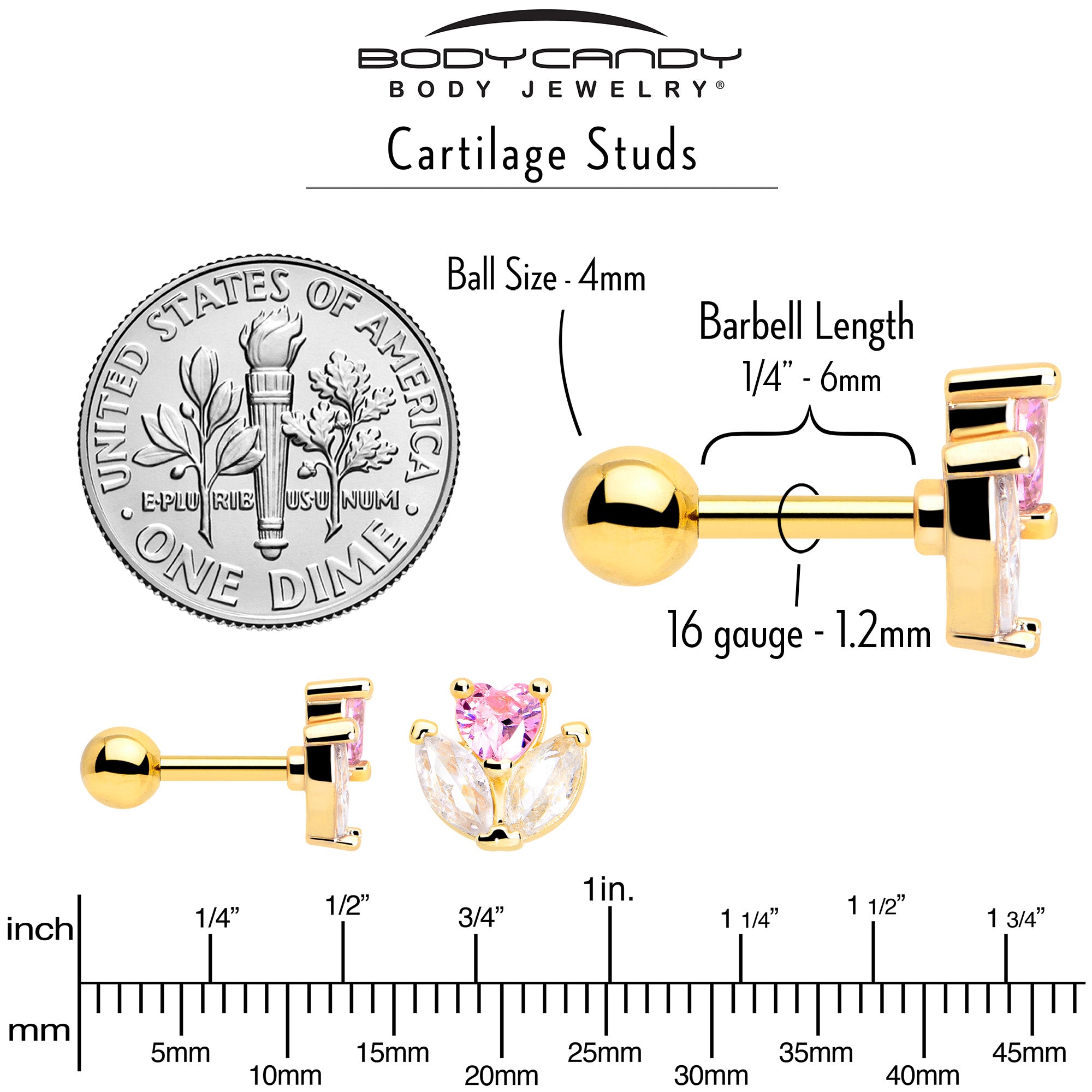 16 Gauge Gold Love Flower Earring with Pink CZ Gem for Tragus