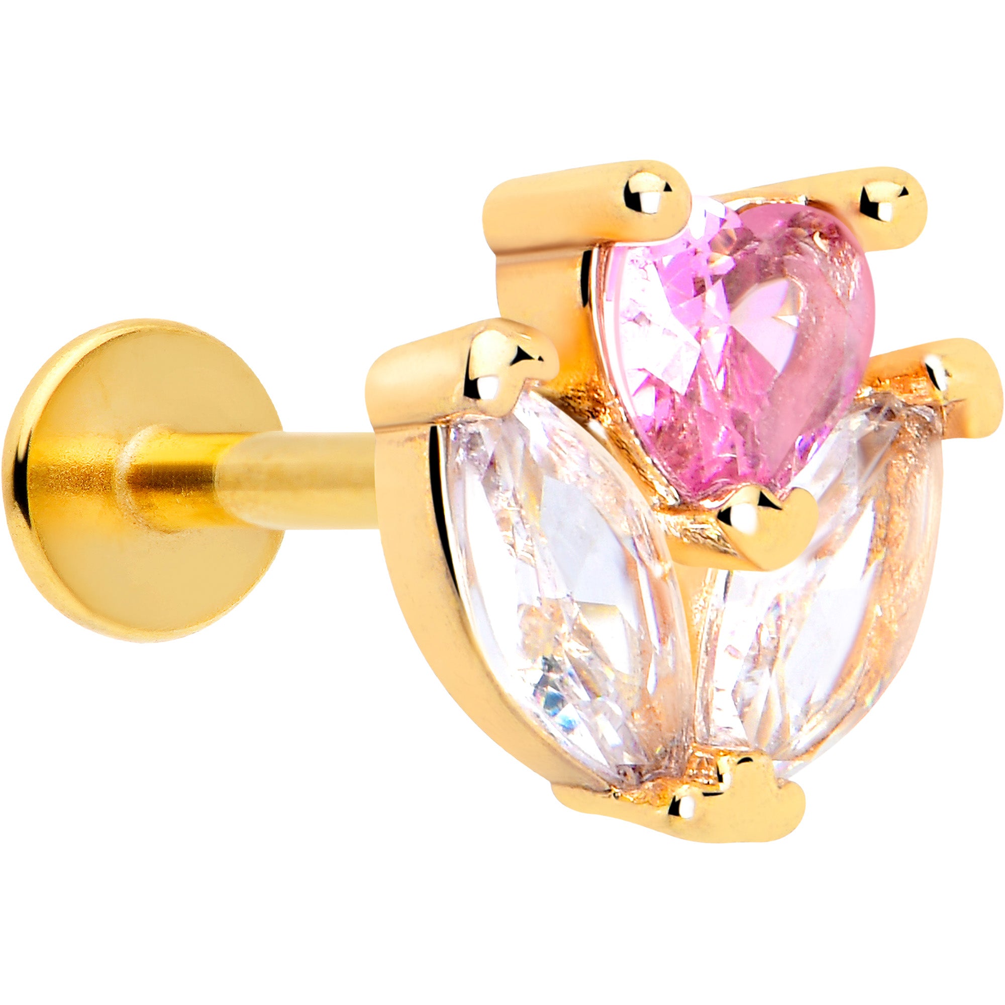 16 Gauge Pink CZ Gem Gold Tone Labret Monroe Tragus Piercing