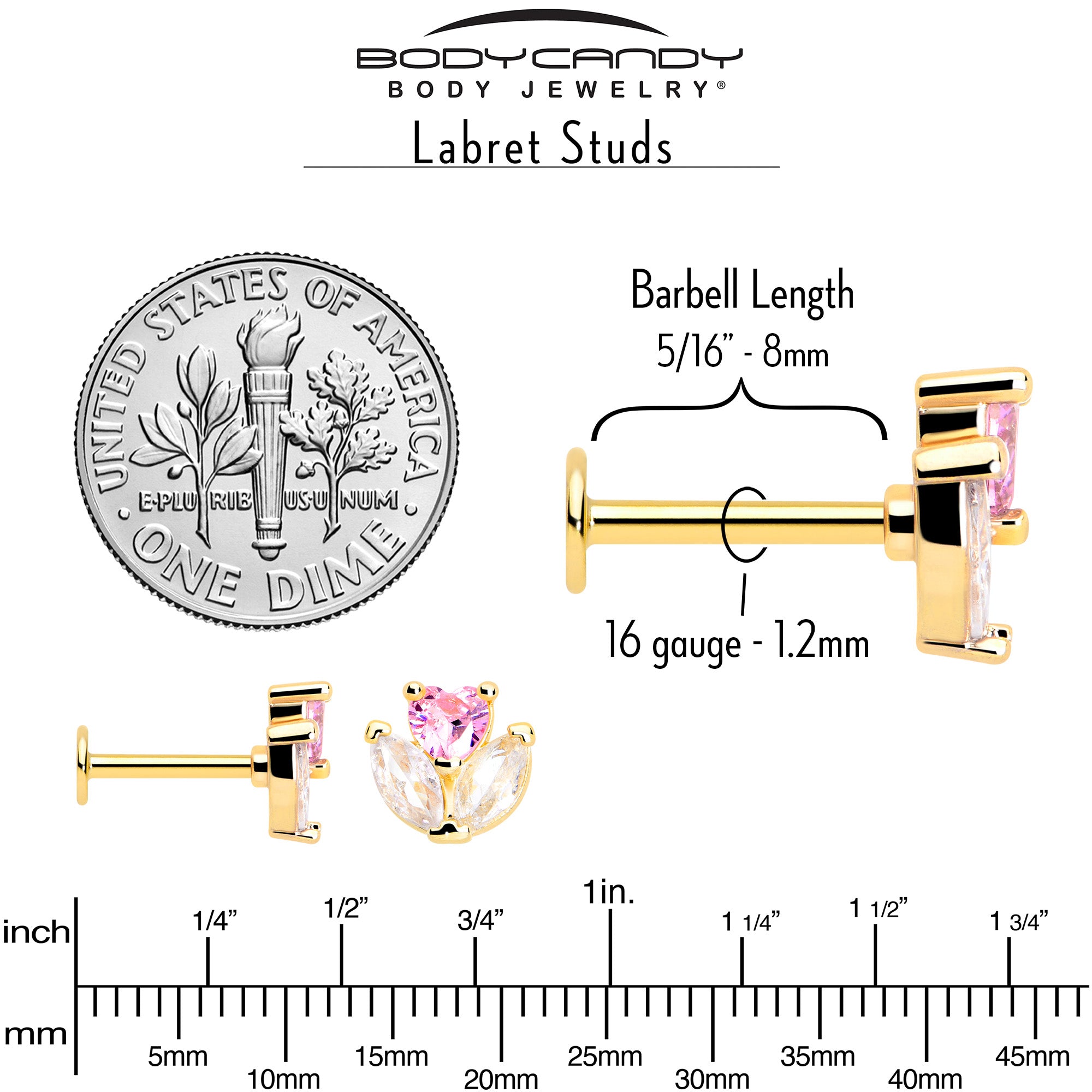 Gold Tone Labret Monroe Tragus Piercing with Pink CZ Gem 16 Gauge