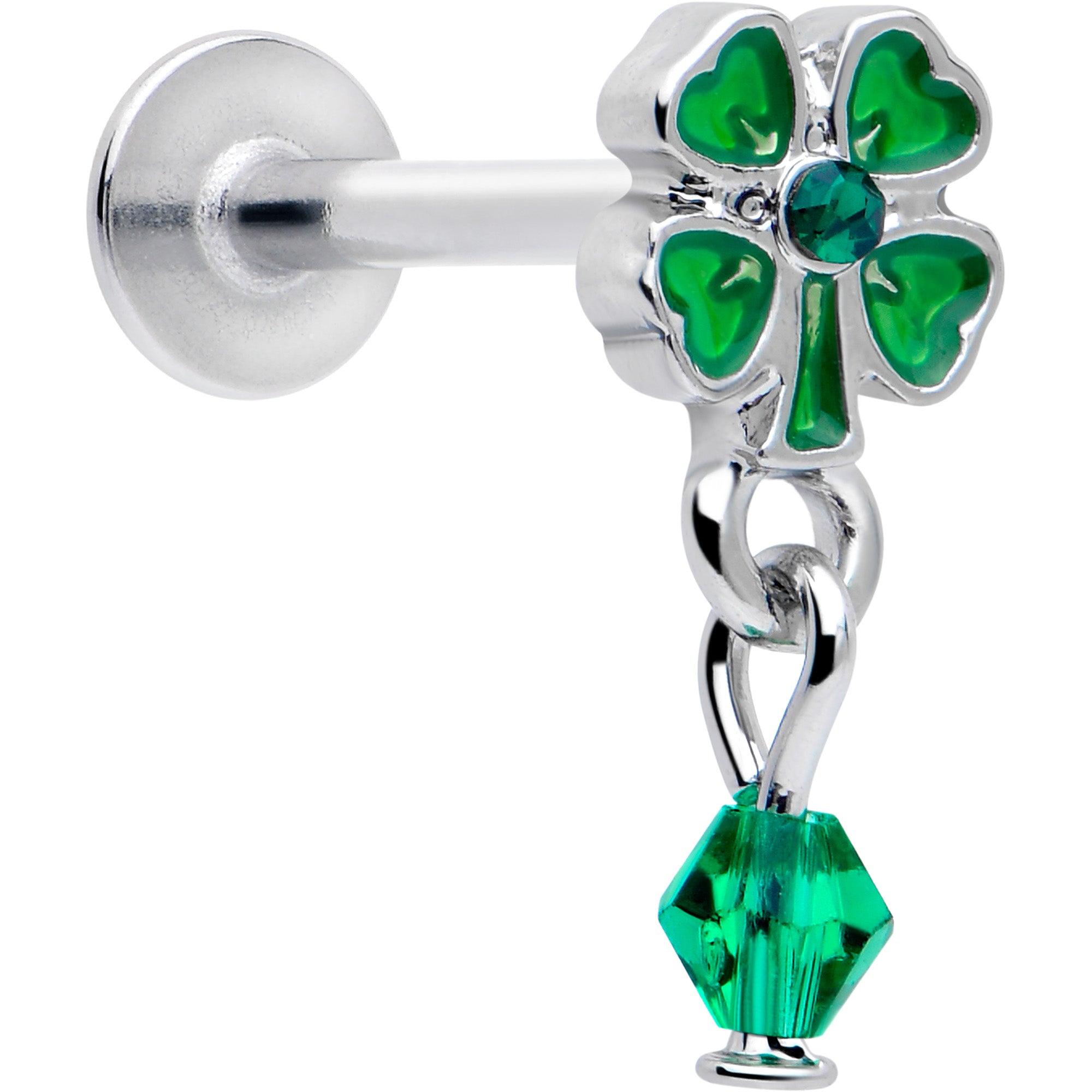16 Gauge Green Gem Shamrock Dangle Labret