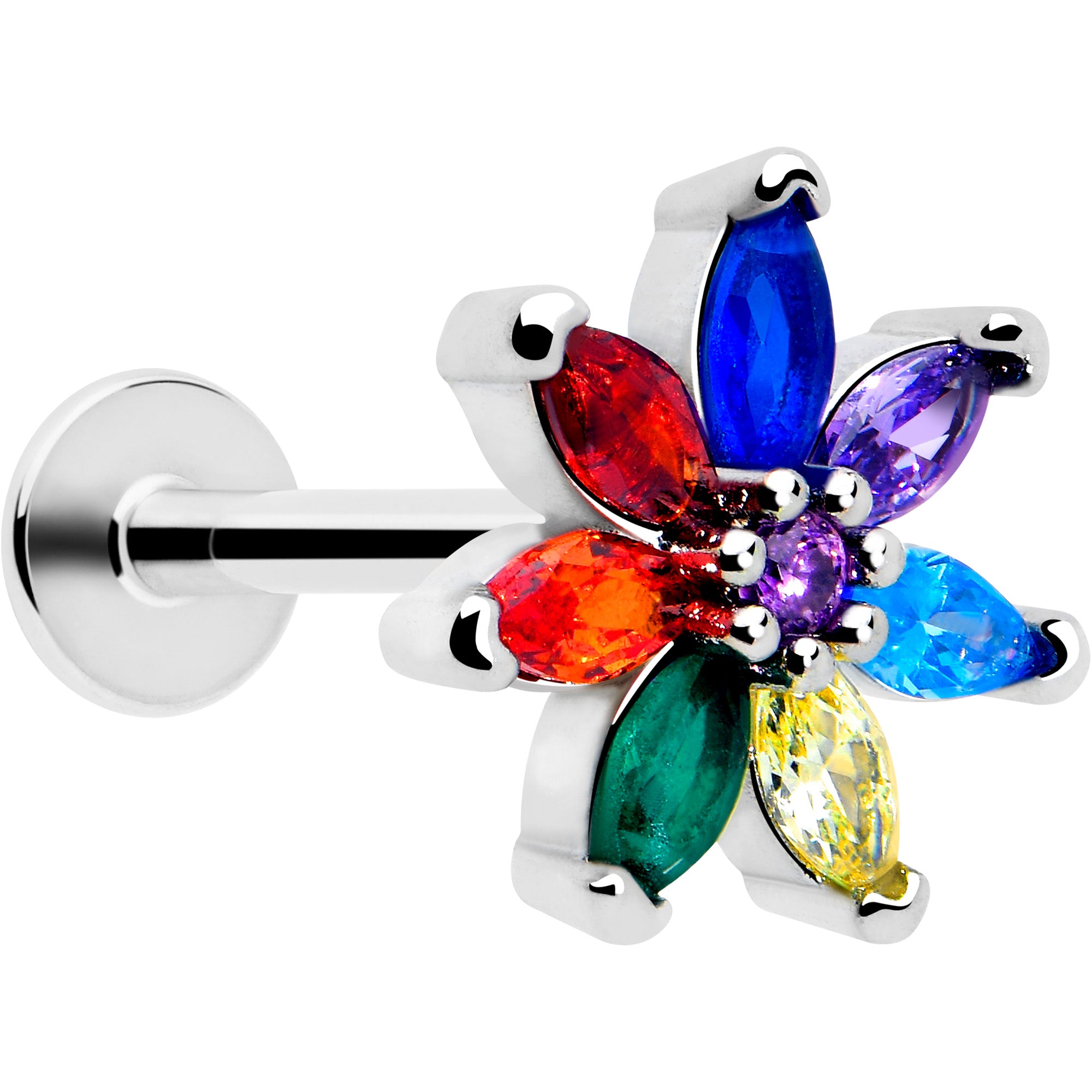 16g rainbow flower labret with red and blue cz gems