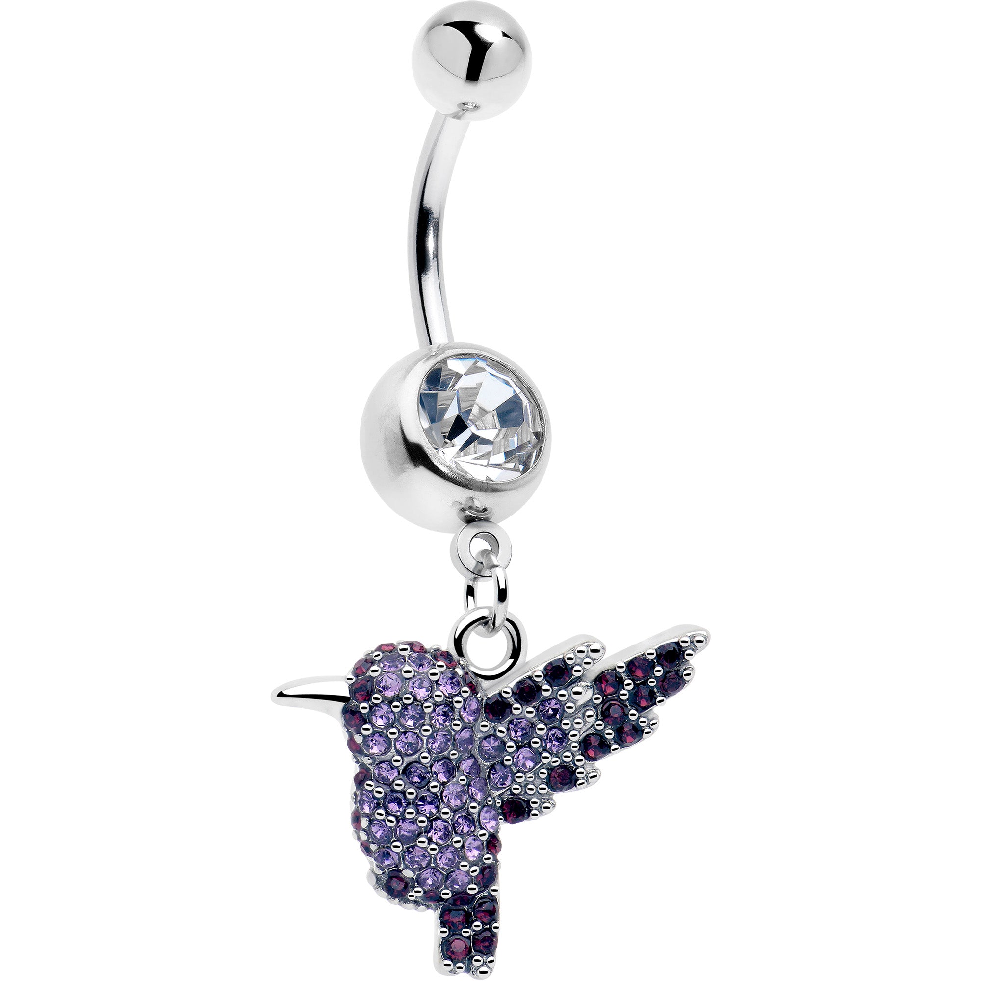 purple clear gem hummingbird dangle belly ring