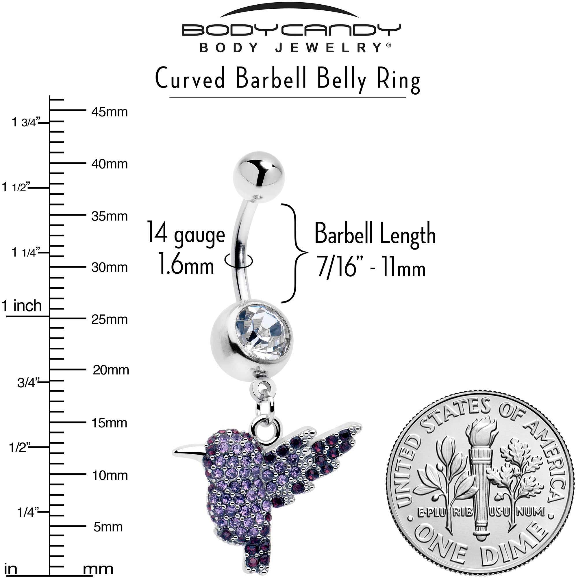 purple hummingbird belly button ring clear gem