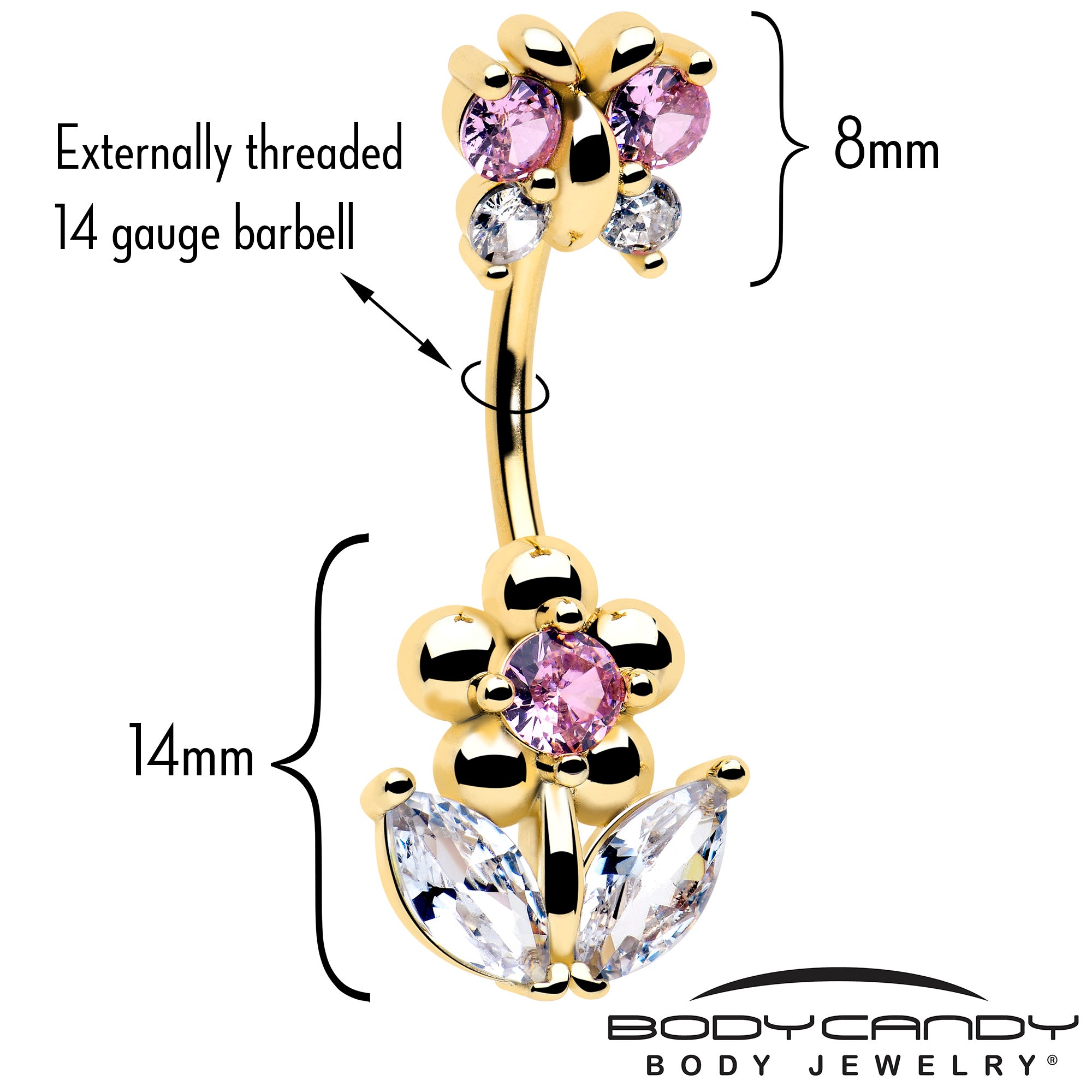 Gold tone butterfly flower double mount belly button ring