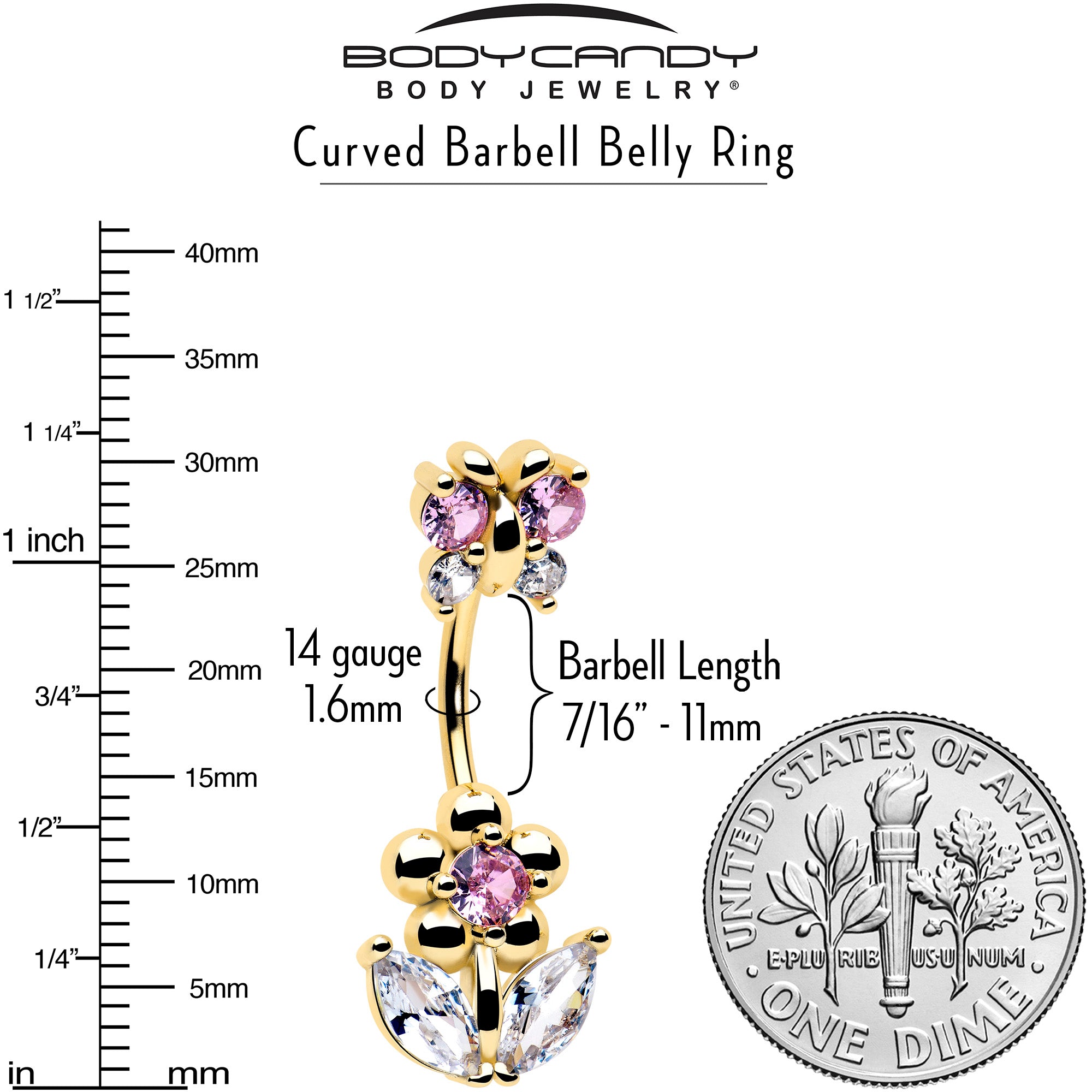 Clear pink cubic zirconia butterfly belly ring jewelry