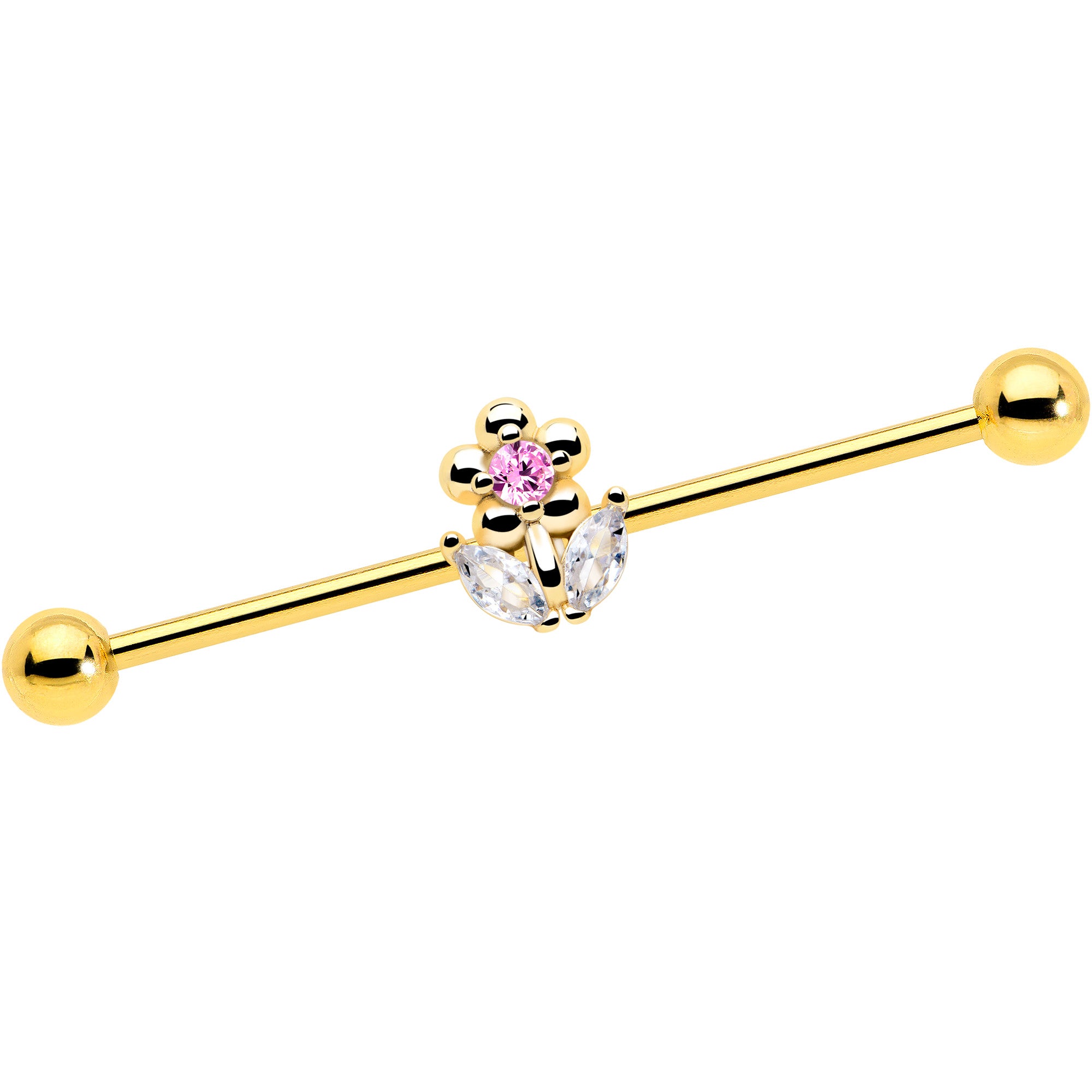 14g flower industrial barbell with clear pink cz gem