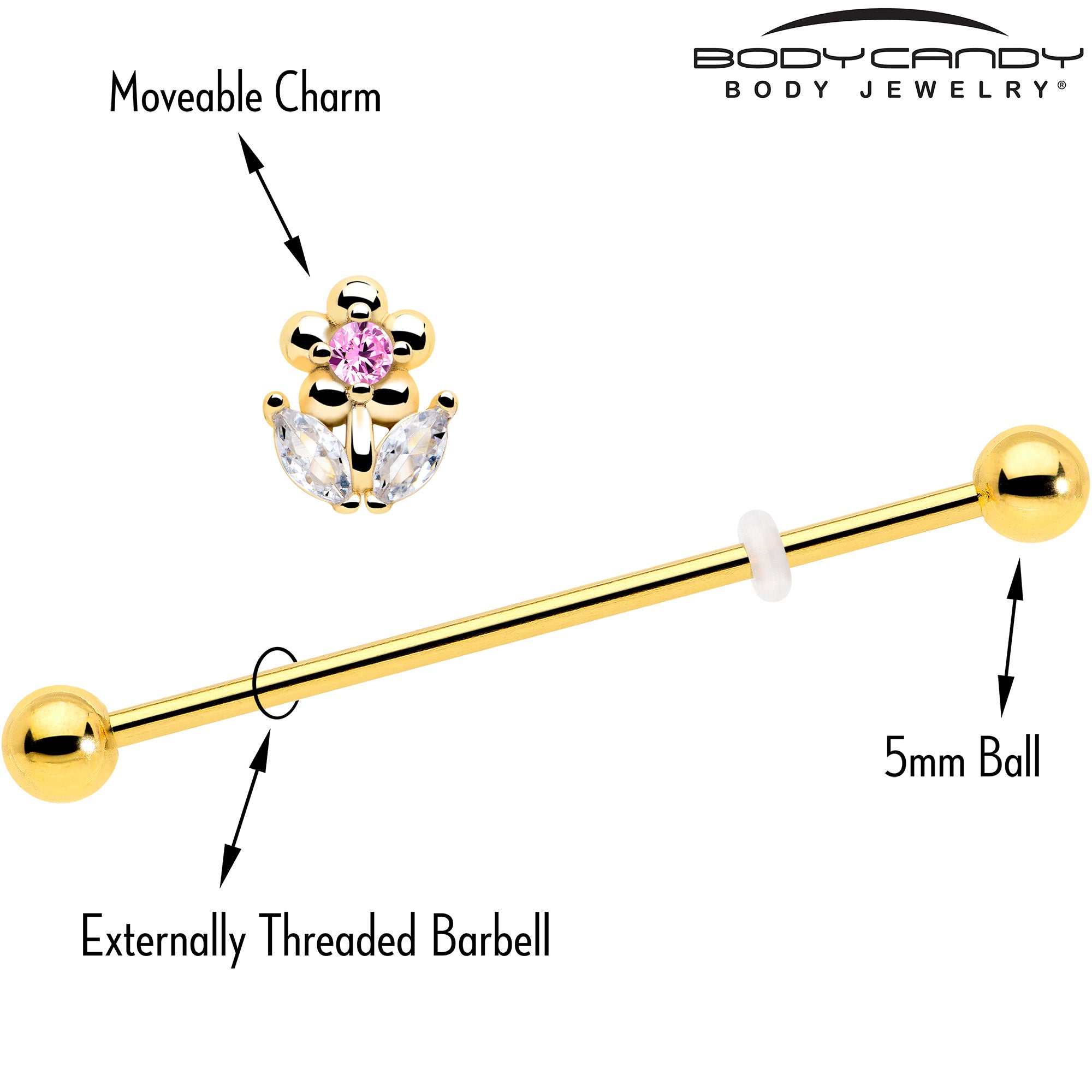 floral industrial barbell with clear pink cubic zirconia