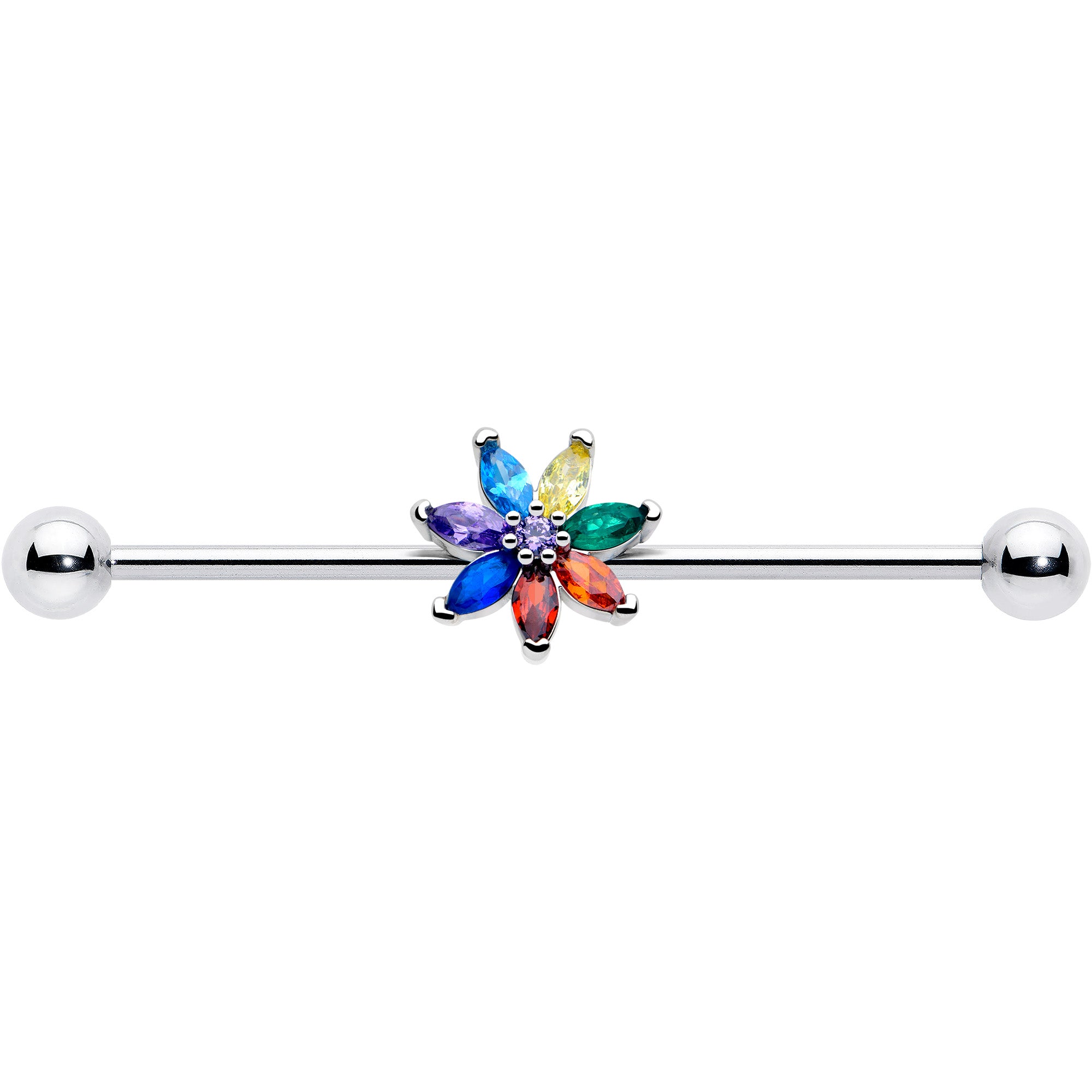 14 gauge industrial barbell rainbow flower cz crystal design