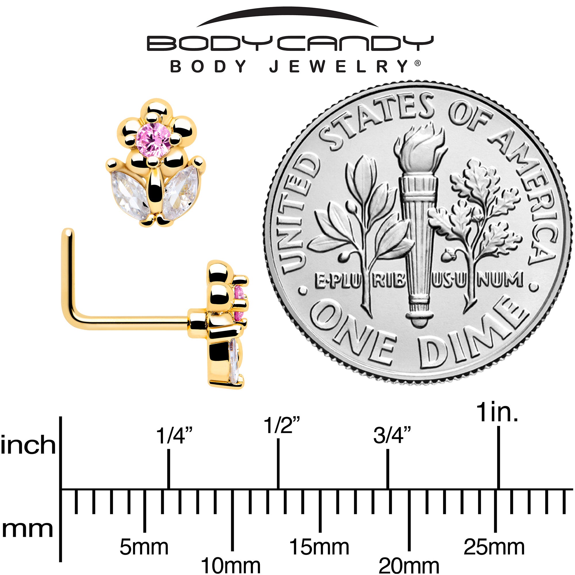 small flower pink cz l shape nose stud