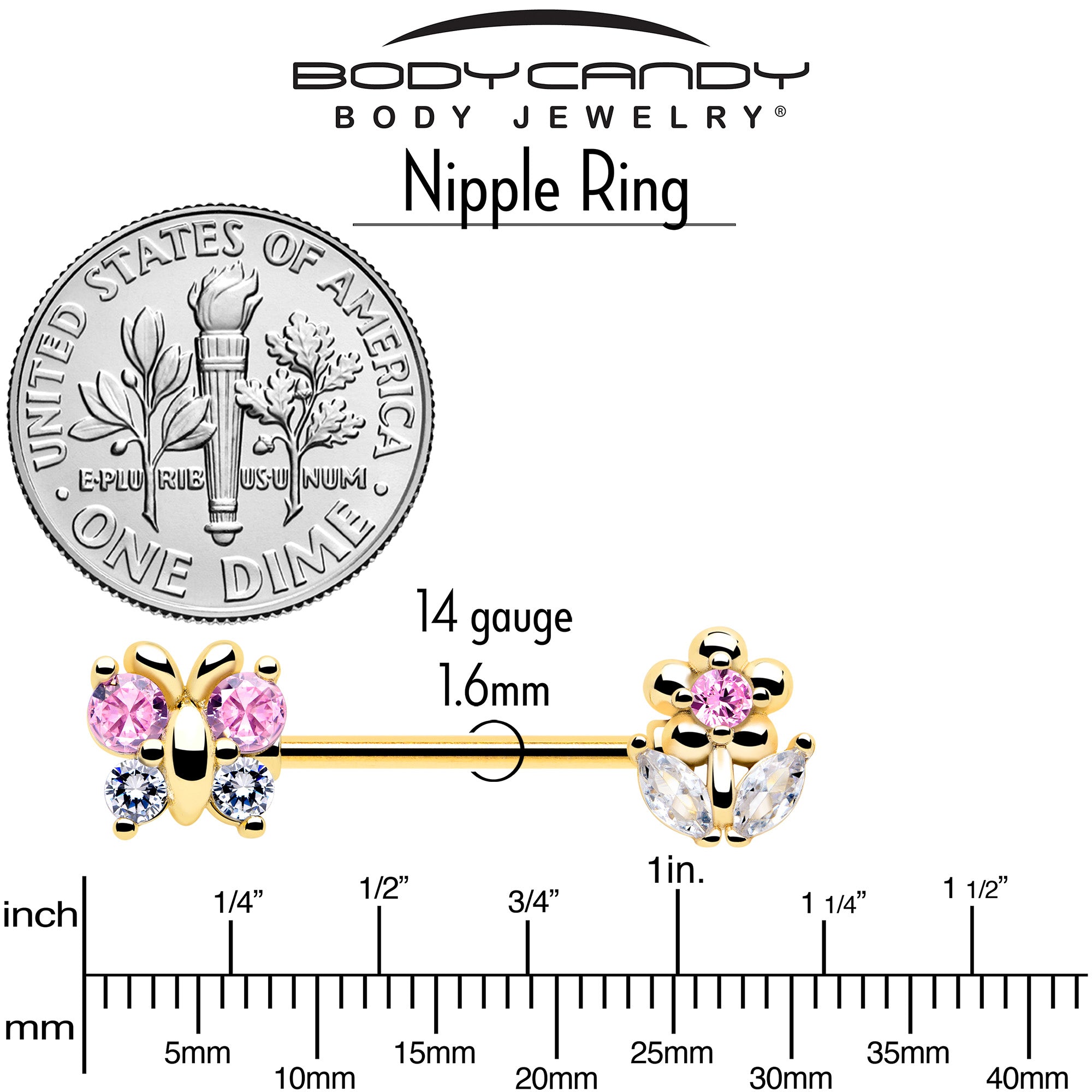 gold tone flower barbell nipple ring set 9 16